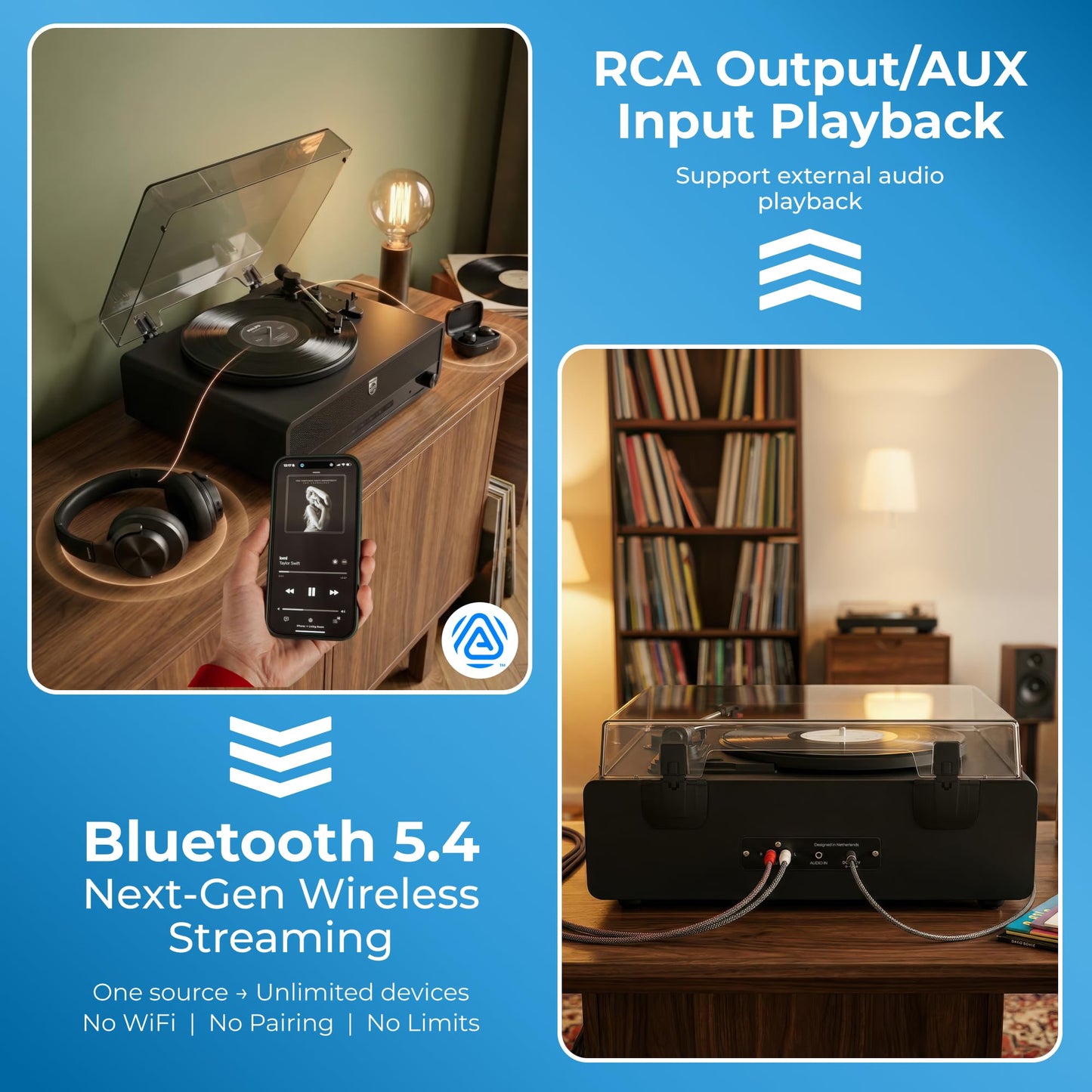 Philips Reproductor de grabación de tocadiscos Bluetooth todo en uno con altavoces integrados, reproductor de vinilo de 3 velocidades, lápiz Audio-Technica, entrada y salida de transmisión inalámbrica
