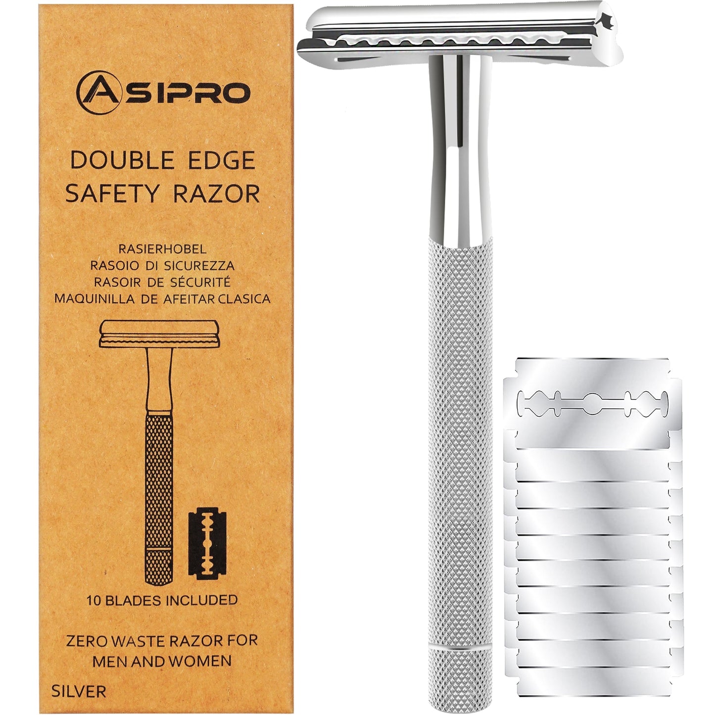 ASIPRO Maquinilla De Afeitar De Seguridad Para Hombre Y Mujer Con 10 Hojas De Afeitar De Doble Filo. Maquinilla De Afeitar Reutilizable De Doble Filo. Maquinillas De Afeitar De Una Sola Hoja Para Homb