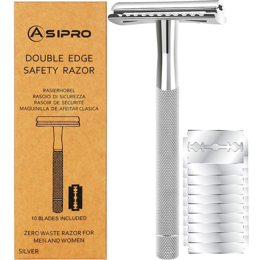 ASIPRO Maquinilla De Afeitar De Seguridad Para Hombre Y Mujer Con 10 Hojas De Afeitar De Doble Filo. Maquinilla De Afeitar Reutilizable De Doble Filo. Maquinillas De Afeitar De Una Sola Hoja Para Homb