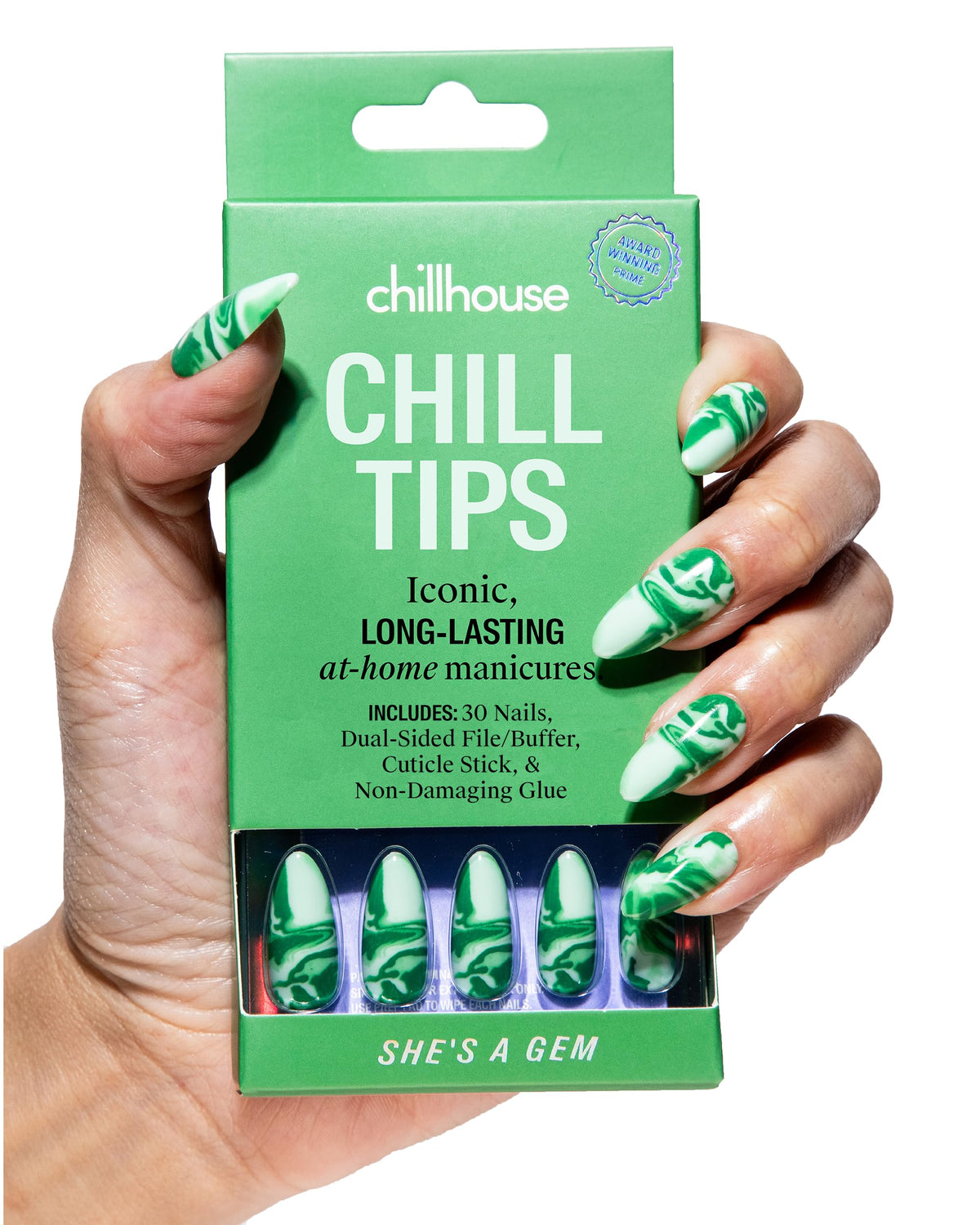 Chillhouse - Kit De Uñas Postizas Chill Tips - She'S A Gem (Almendra) - 24 Formas Y Tamaños De Uñas - Hasta 3 Semanas De Uso - Ajuste Personalizable - Reutilizable - Fundado Por Latinas Y Propiedad De
