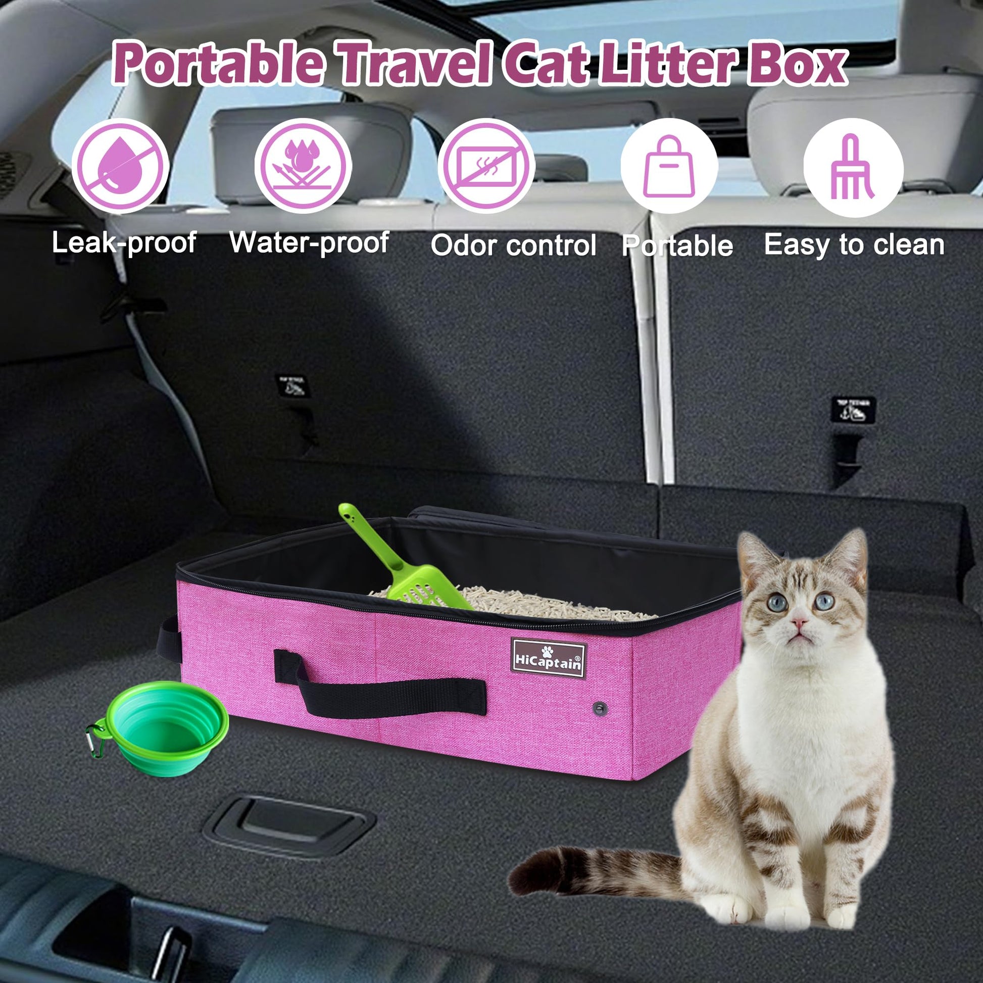 HiCaptain - Caja de arena portátil para gatos con tapa, caja de arena de viaje plegable en coche diseñada para gatos medianos, peso ligero a prueba de fugas, impermeable, fácil de llevar, color rosa
