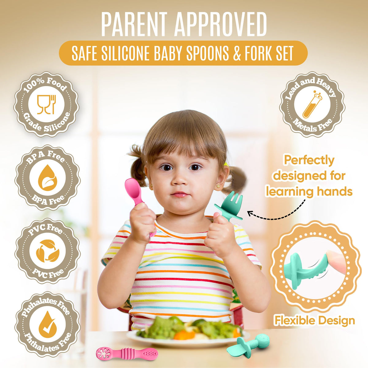 HippoBaby - Cucharas de silicona para bebé, 4 piezas, utensilios autoalimentables para bebé, 6-12 meses, 3 cucharas para bebé, 1 tenedor para bebé, juego de cubiertos para niños pequeños, sin BPA