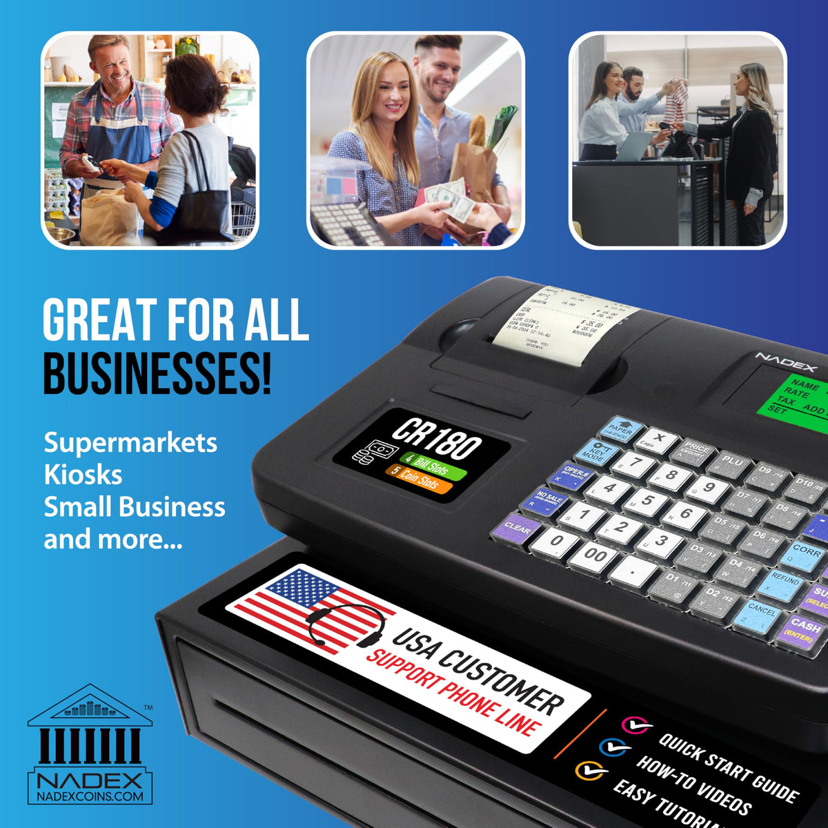 Caja Registradora Electrónica Nadex CR180 Negro con Cajón de Efectivo de Acero y Diseño Compacto