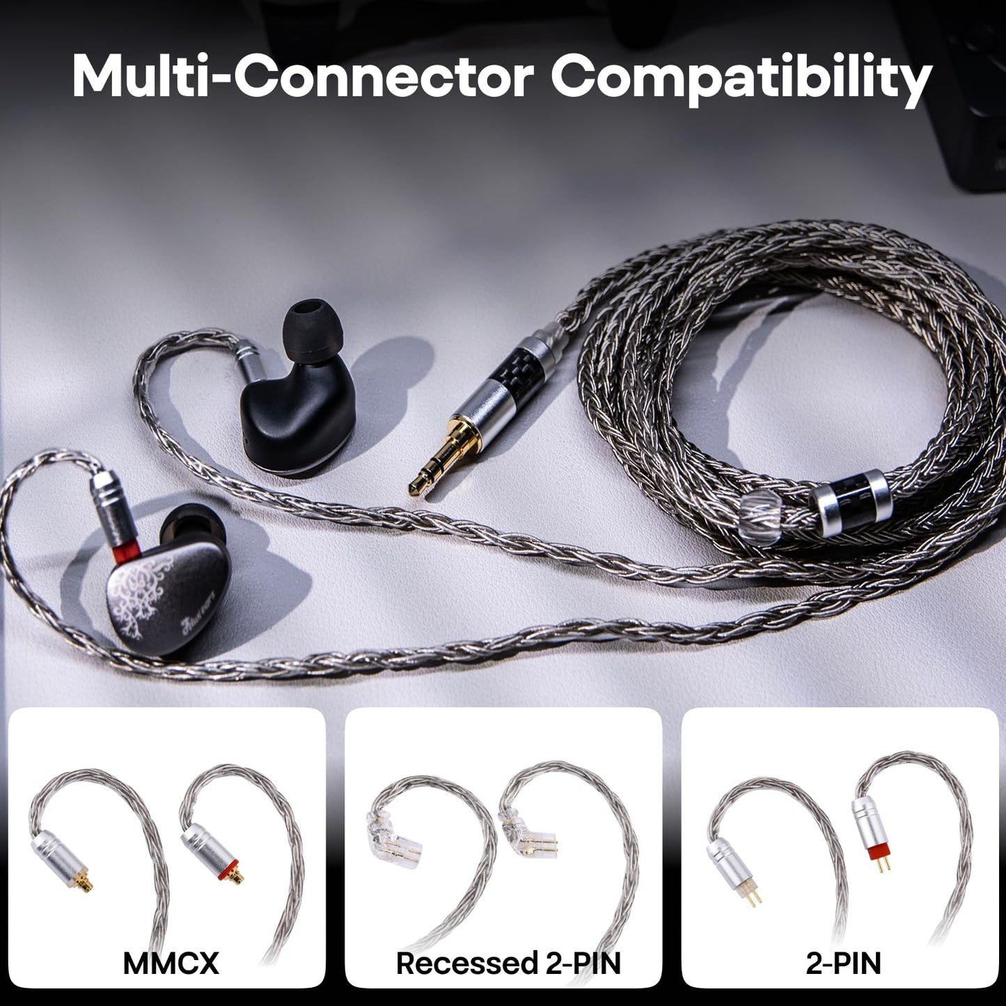 Linsoul Tripowin Zonie IEM Cable, Cable de Auriculares de 2 m de Longitud, Cable de Auriculares Chapado en Plata de 16 Núcleos, Cable de Monitor In Ear para KZ ZS10 PRO 2 SIMGOT EM6L (Empotrable 2Pin)