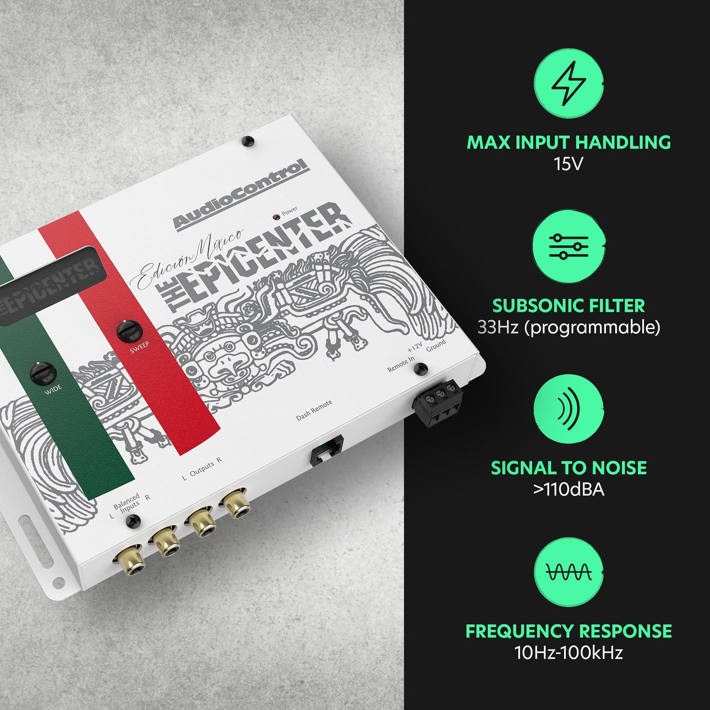 AudioControl The EPICENTER México Edition Procesador de restauración de graves digital, potenciador de graves de audio para automóvil con soporte de salpicadero con mando a distancia con cable