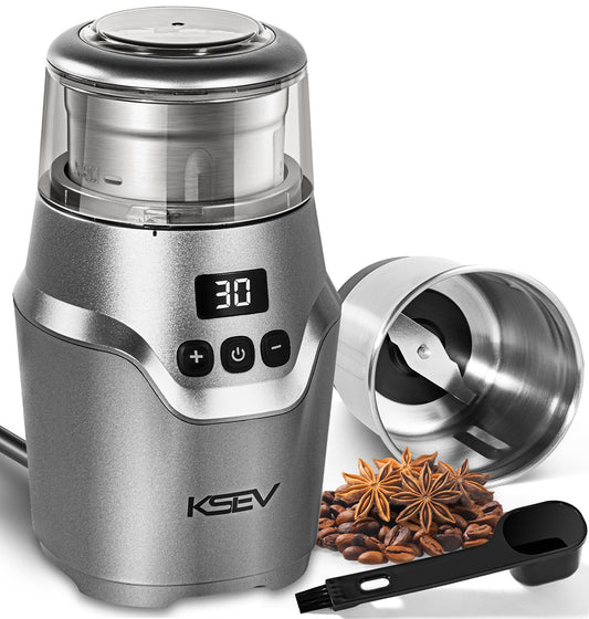 KSEV - Molinillo de café eléctrico con temporizador de visualización digital, molinillo de hierbas de 150 W, gran capacidad de hasta 12 tazas, silencioso, función de bloqueo de seguridad, taza