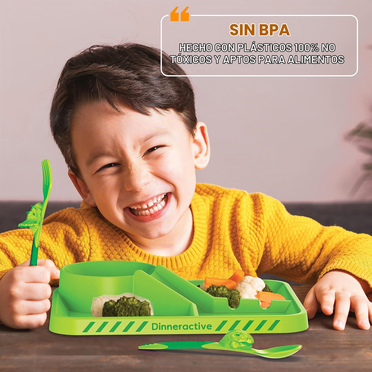 Dinneractive - Juego de comedor para niños, vajilla de dinosaurio verde, 3 piezas, utensilios de dinosaurio, platos para niños pequeños, platos para bebés