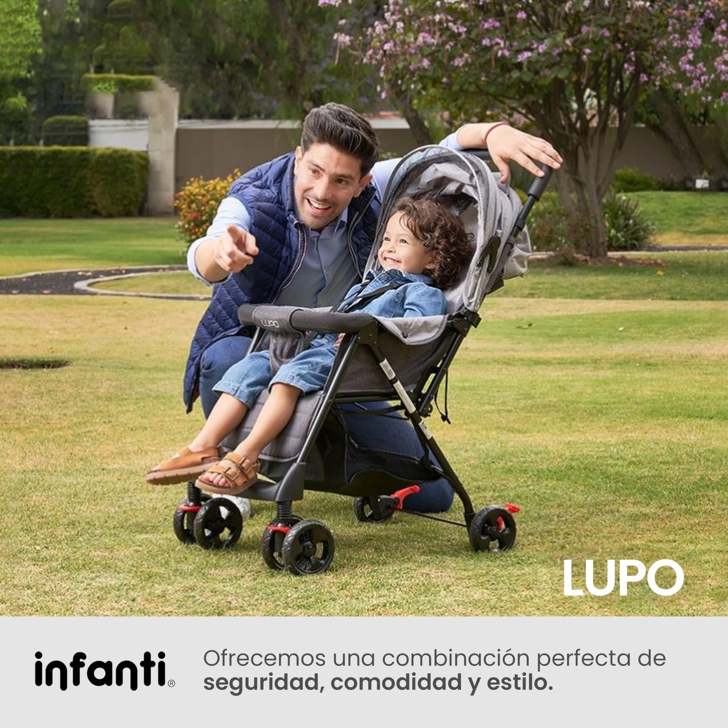 INFANTI | Carriola para Bebe Lupo Rosa | Carriola De Viaje para Bebé - Carreola con Arnés de 5 Puntos - Reclinación Ajustable | Toldo Completo con Visera - Barra de Seguridad y Ruedas con Seguro