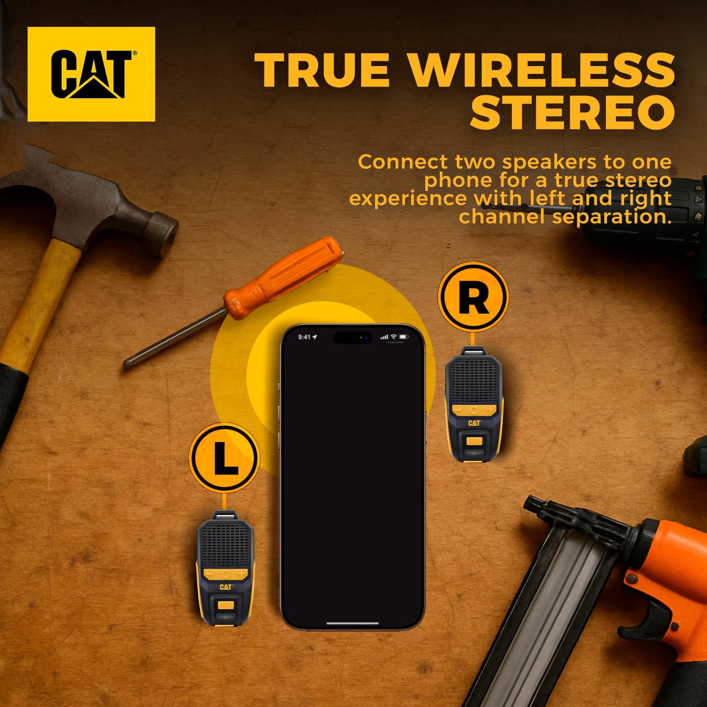 CAT - Altavoz Bluetooth portátil | Altavoz con clip con micrófono integrado para lugar de trabajo, construcción, exterior, resistente al agua, llamadas y música manos libres