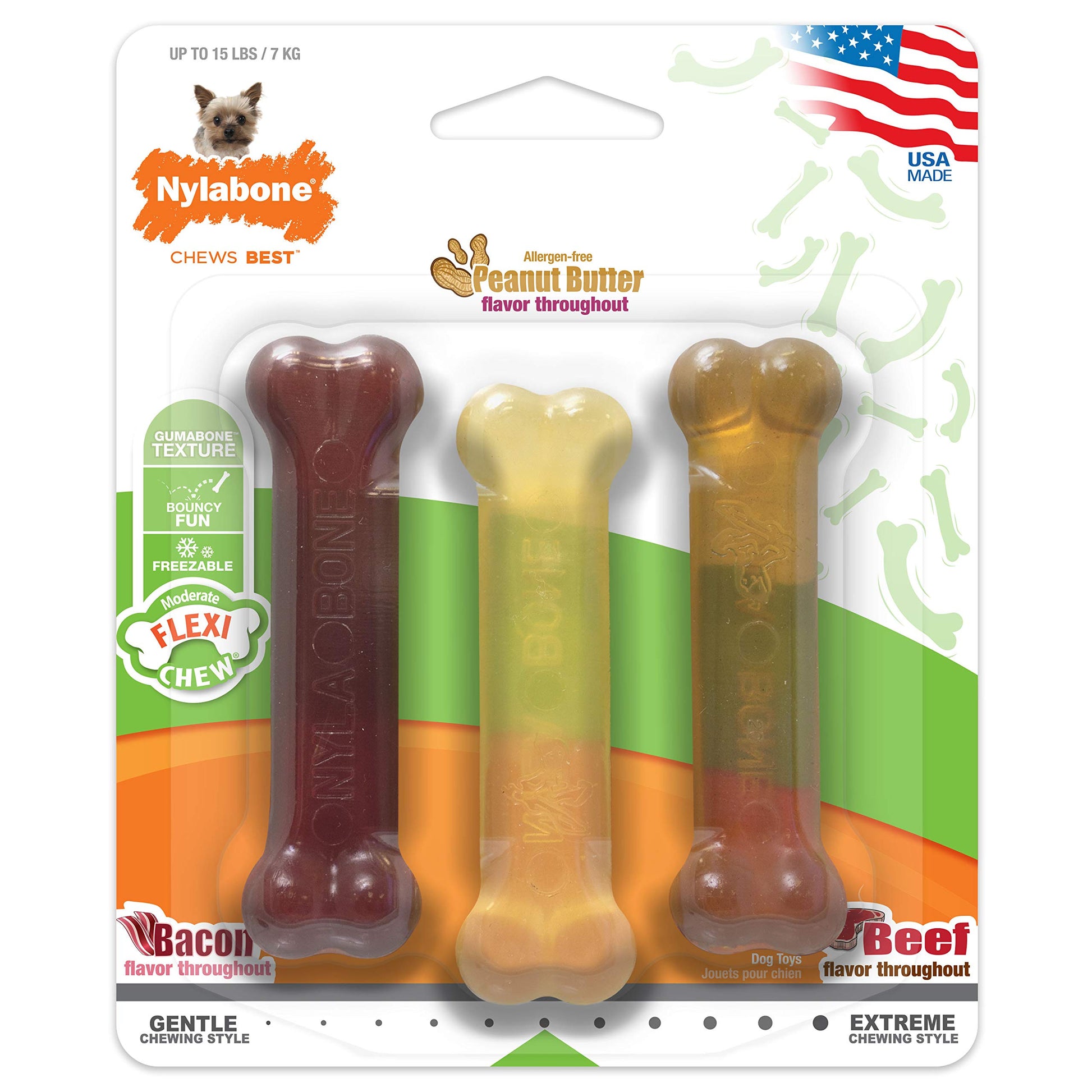 Juguetes para Perros Nylabone FlexiChew Bacon, Peanut Butter y Beef X-Small/Petite