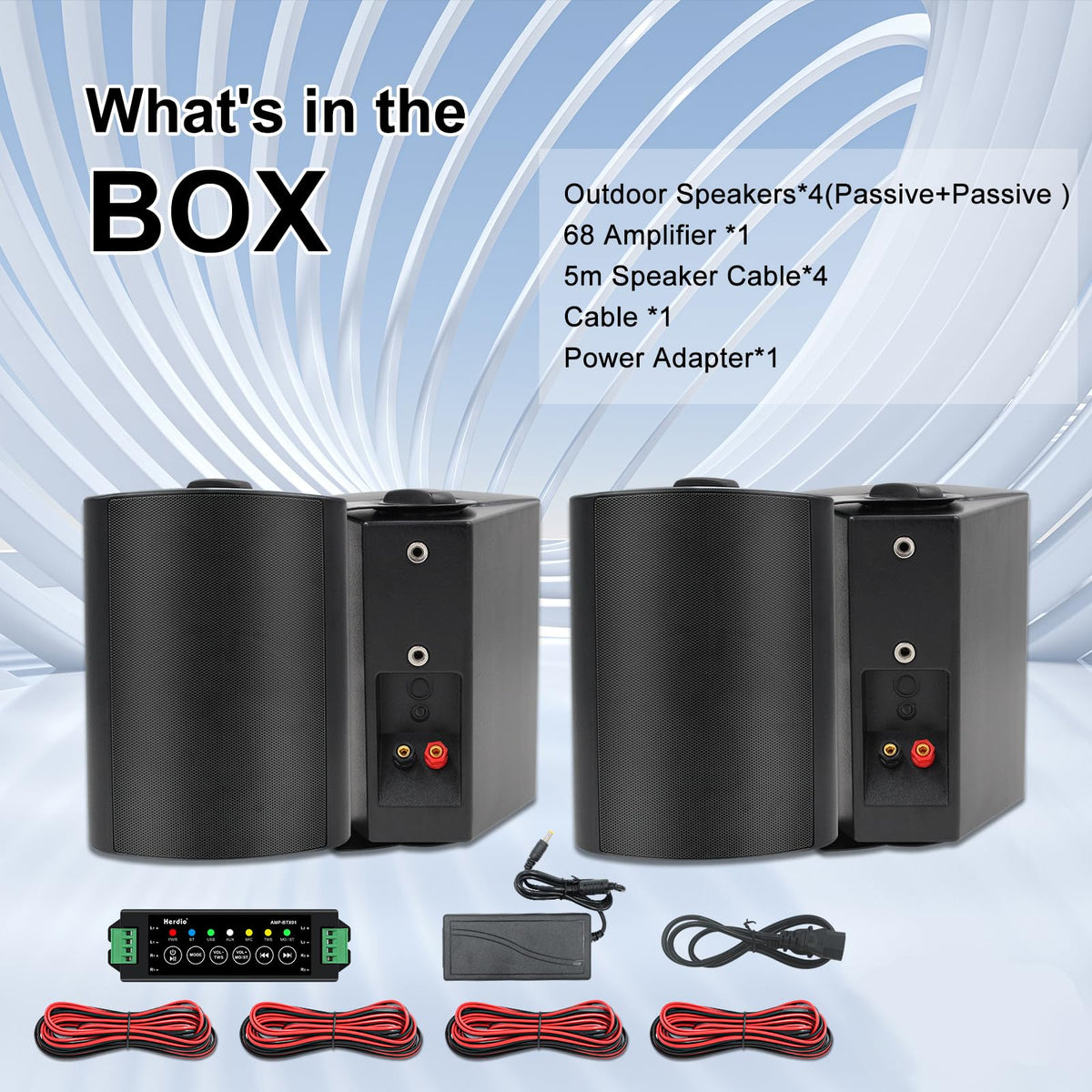Bocinas Bluetooth Herdio Negras Impermeables con Amplificador Superior y Amplia Cobertura de Sonido Estéreo para Exterior (4 Altavoces)