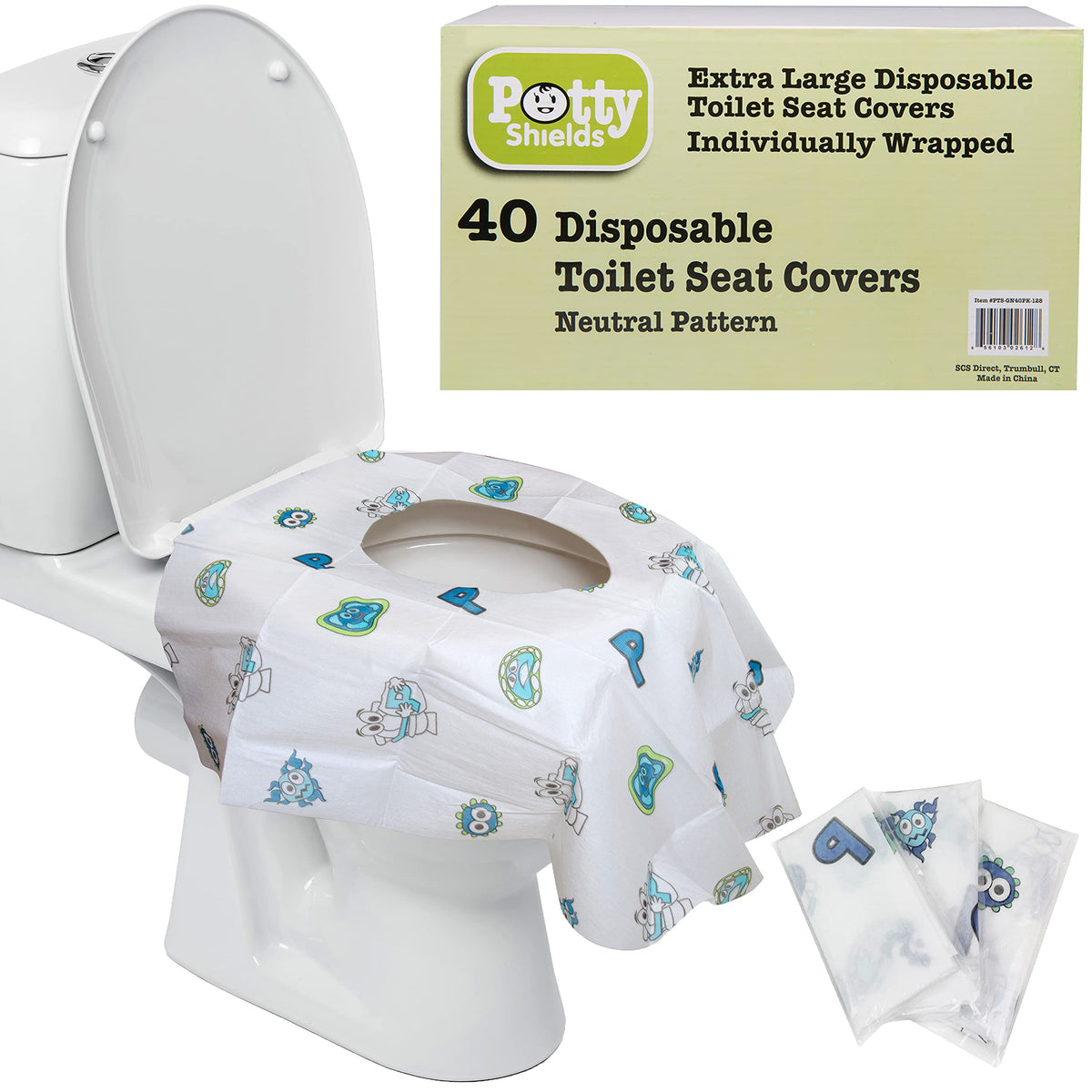 Cubiertas Desechables para Asiento de Inodoro Potty Shields (Paquete de 40) - Cubierta de Inodoro XL Impermeable para Niños Pequeños, Niños y Adultos - Portátil y Envuelta Individualmente para Viajes