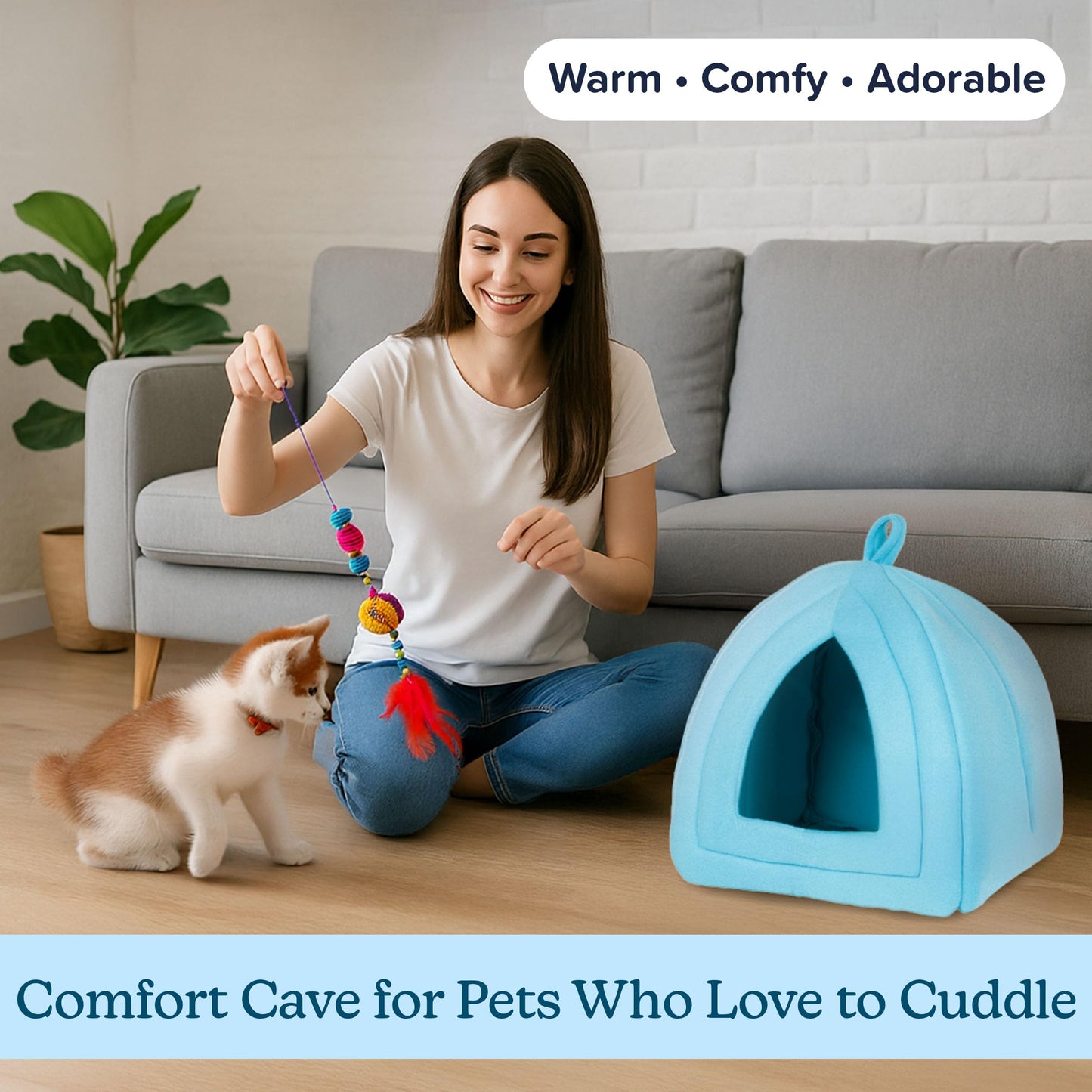 Petmaker Cozy Kitty Tent Igloo Plush Cat Bed, Blue