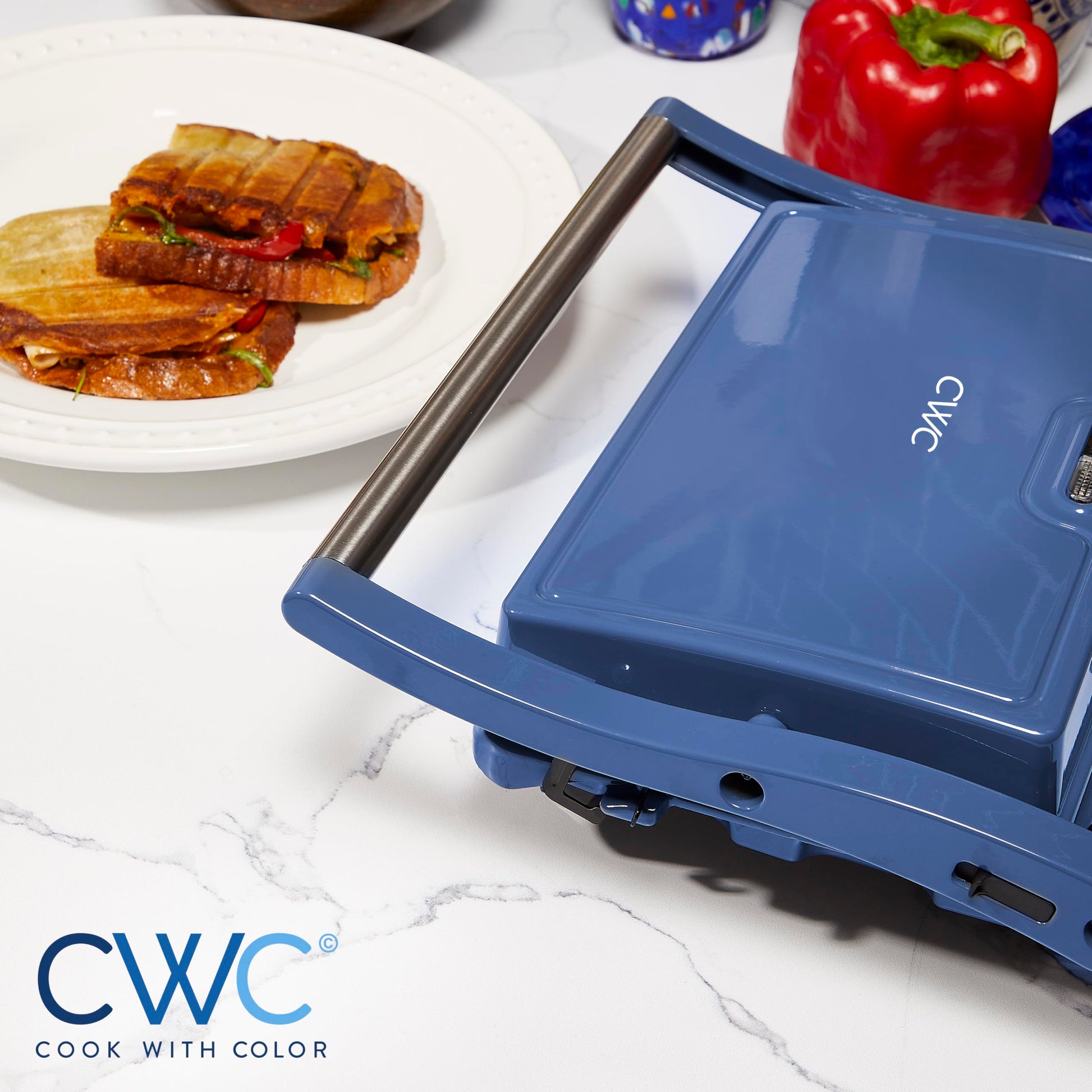 Cocina con color Panini Maker: parrilla de prensa de 2 rebanadas, 760 W de potencia, placas antiadherentes, mango de tacto fresco, diseño compacto, cocción rápida, ideal para deliciosos paninis, azul