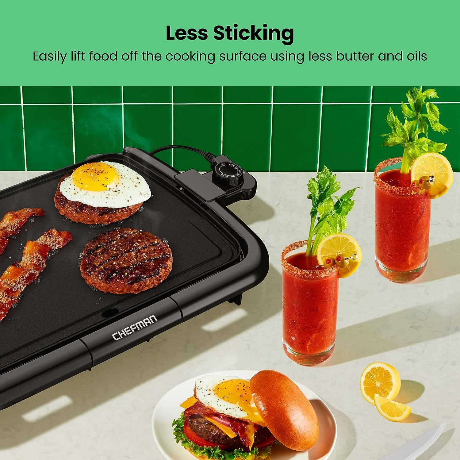 Chefman Plancha eléctrica con control de temperatura extraíble, parrilla ideal para hamburguesas, huevos, plancha para panqueques, superficie de cocción antiadherente fácil de limpiar 10 x 16 pulgadas