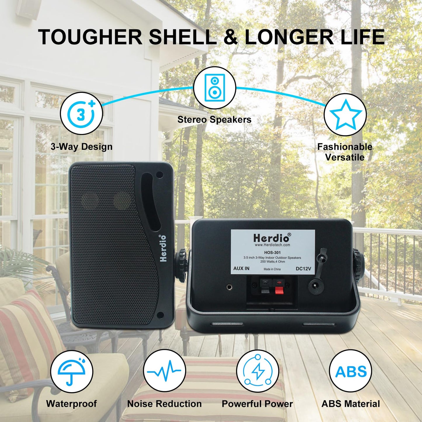 Herdio 3.5 Pulgadas Bluetooth Bocinas para Exterior, 200W Altavoces para Exteriores, Resistente al Agua, Adecuado para el hogar, Patio, Terraza,Patio Trasero (2 Altavoces,Negros)