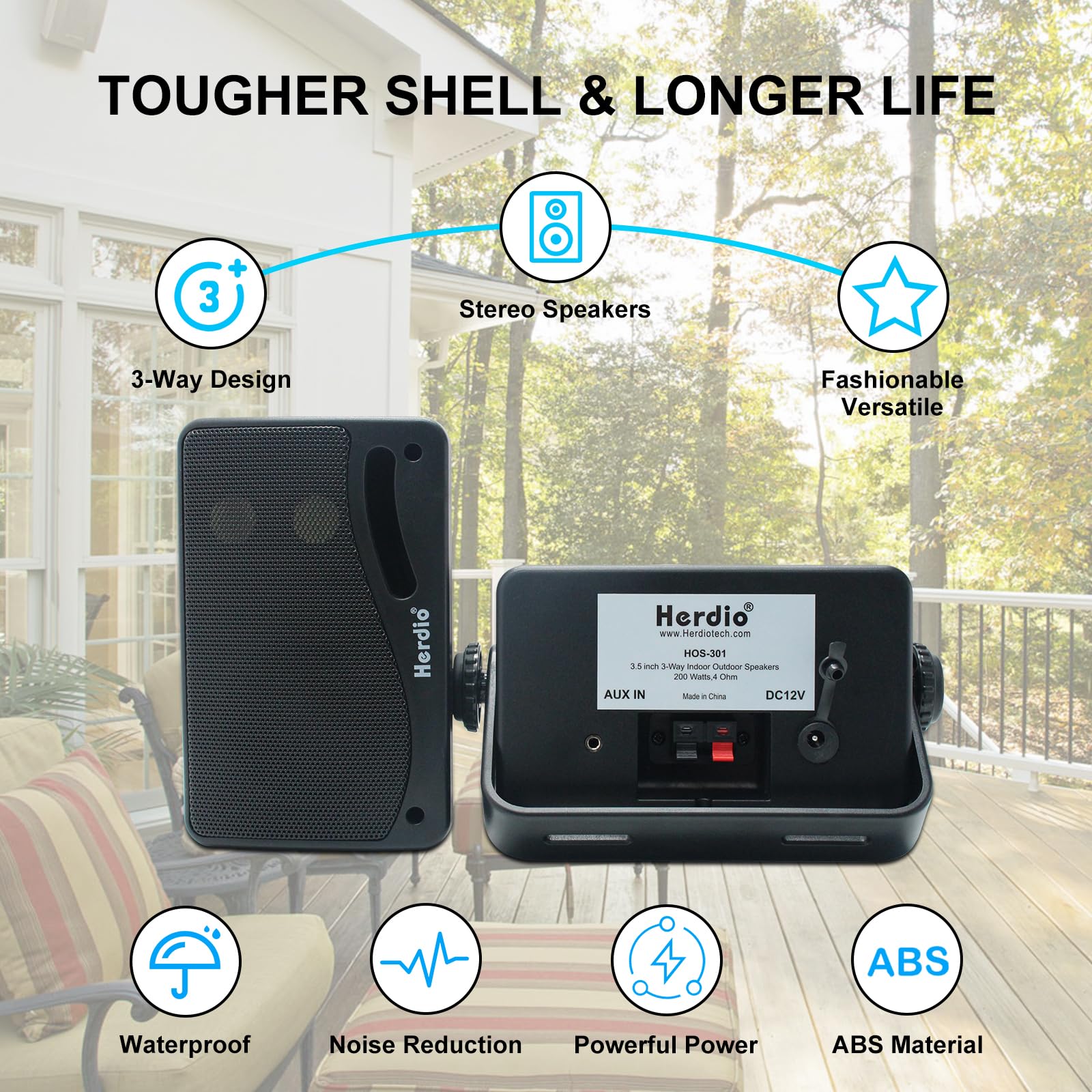 Herdio 3.5 Pulgadas Bluetooth Bocinas para Exterior, 200W Altavoces para Exteriores, Resistente al Agua, Adecuado para el hogar, Patio, Terraza,Patio Trasero (2 Altavoces,Negros)