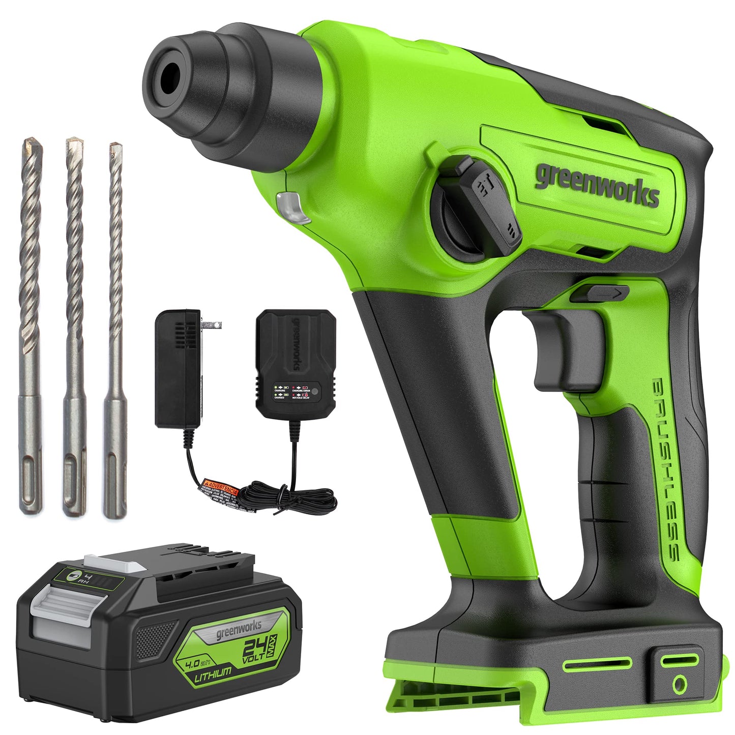 Greenworks Taladro giratorio inalámbrico SDS 1.2J de 24 V, taladro de martillo sin escobillas de 1 pulgada para hormigón, 2 modos y velocidad vairable, batería de 4 Ah y cargador incluido