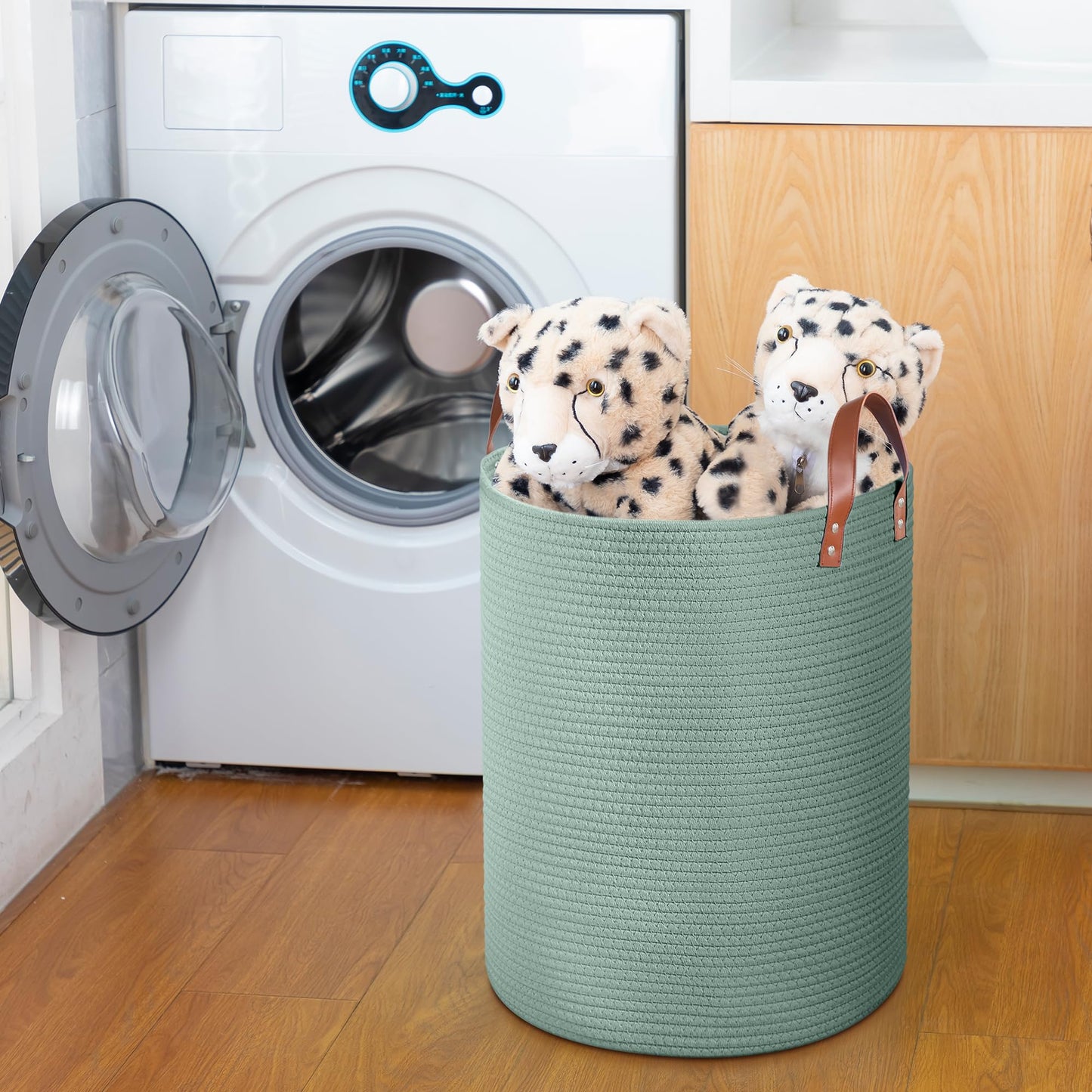 Wymulot - Cesta grande de cuerda de 80 l, cesta de almacenamiento de cuerda tejida con asas de piel, cesta de almacenamiento de juguetes para perros, recámara, almacenamiento de manta de guardería,
