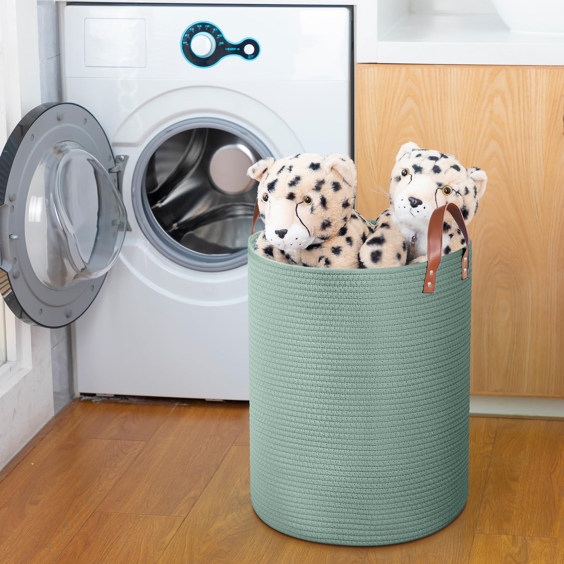Wymulot - Cesta grande de cuerda de 80 l, cesta de almacenamiento de cuerda tejida con asas de piel, cesta de almacenamiento de juguetes para perros, recámara, almacenamiento de manta de guardería,