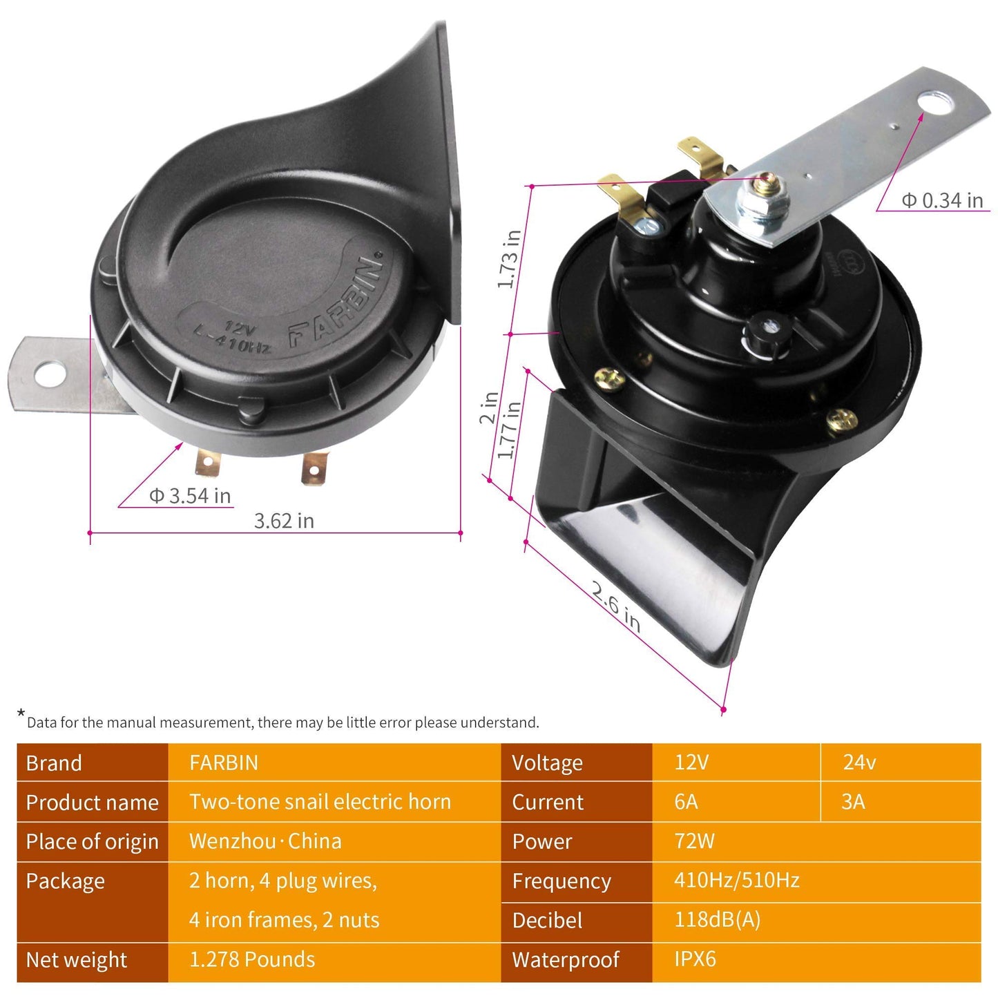 FARBIN Loud Truck Horn 12v Air Horn Loud Car Horn Kit with Relay Harness and Switch Button for Truck Car Train Motorcycle (Black horn with harness and button)