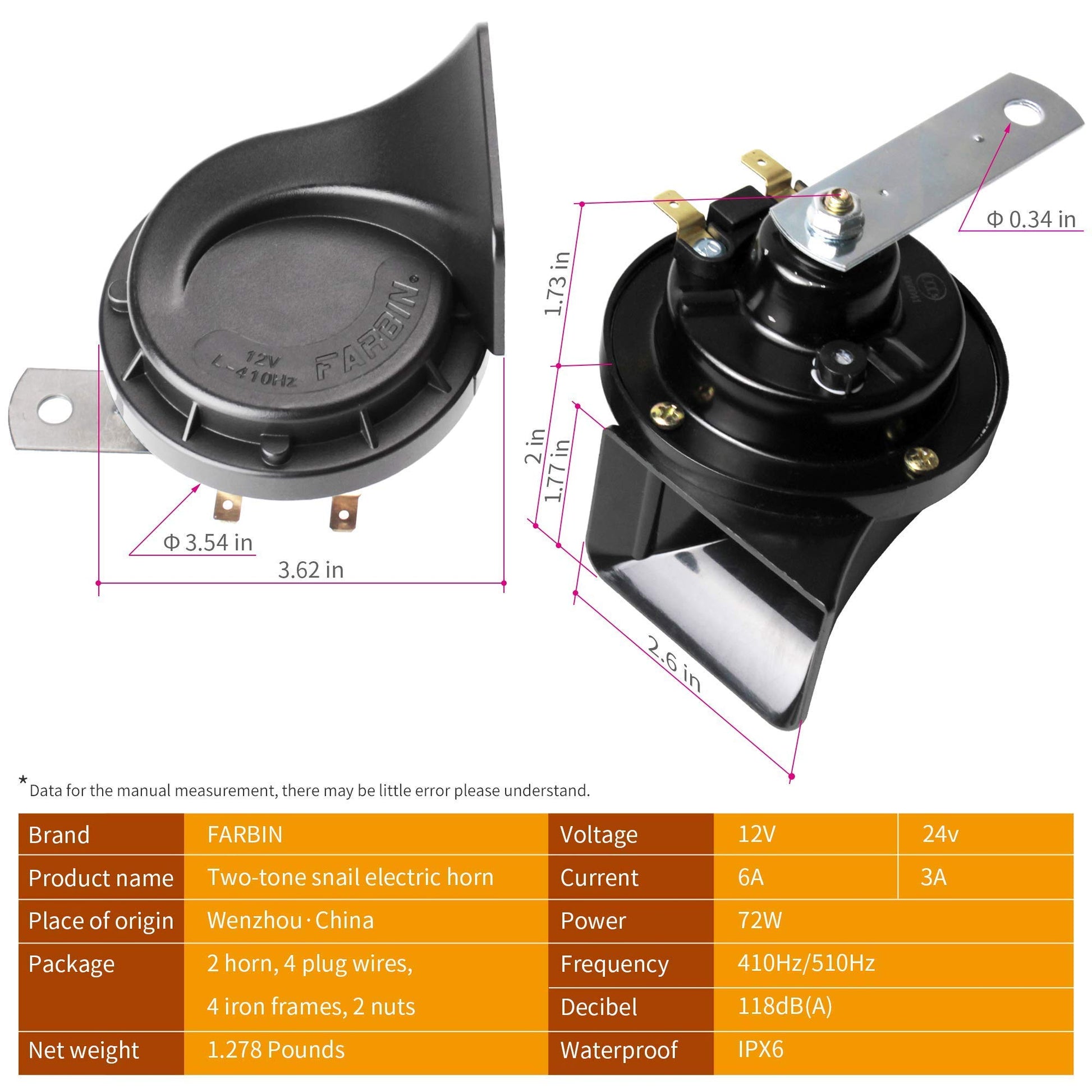 FARBIN Loud Truck Horn 12v Air Horn Loud Car Horn Kit with Relay Harness and Switch Button for Truck Car Train Motorcycle (Black horn with harness and button)