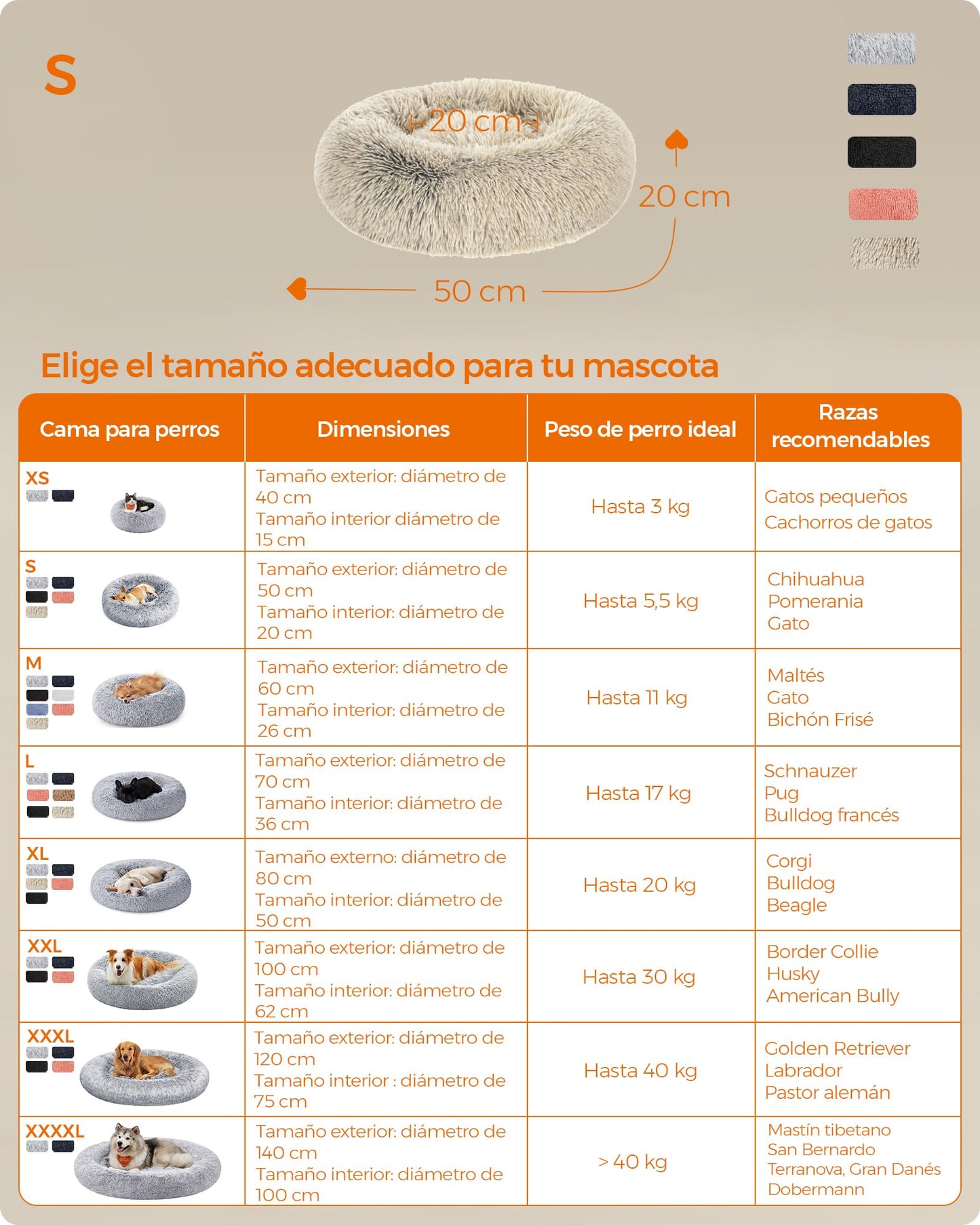 Feandrea Cama de Perros, Cama para Mascotas, Diámetro de 50 cm, Cojín Central Extraíble y Lavable, Alfombra de Felpa, Caqui Ombré MPGW037S01