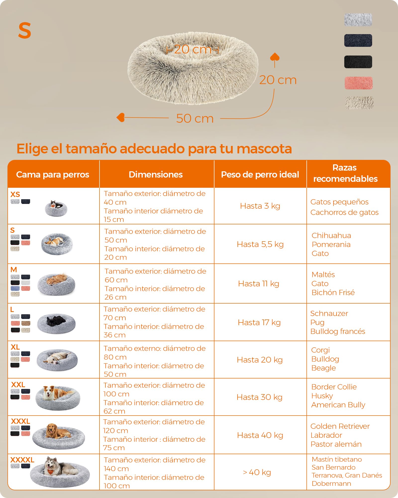 Feandrea Cama de Perros, Cama para Mascotas, Diámetro de 50 cm, Cojín Central Extraíble y Lavable, Alfombra de Felpa, Caqui Ombré MPGW037S01