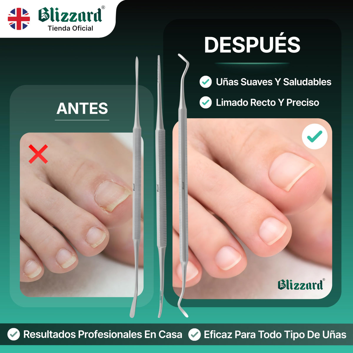 Blizzard Kit Pedicura Profesional 3 Piezas - Herramientas para Uñas Encarnadas y Delicadas - Utensilios de Acero Inoxidable Podología Limpiador Elevador Lima Doble Cuidado de Pies Premium