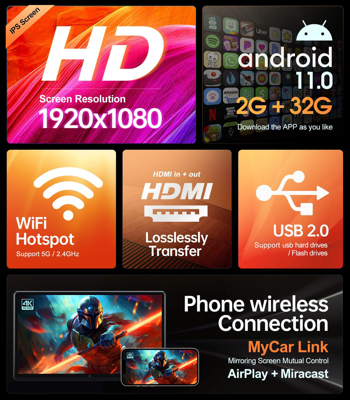 Monitor de Reposacabezas Android 4K 15.6 Pulgadas para Coche con Pantalla Táctil y Enlace Inalámbrico