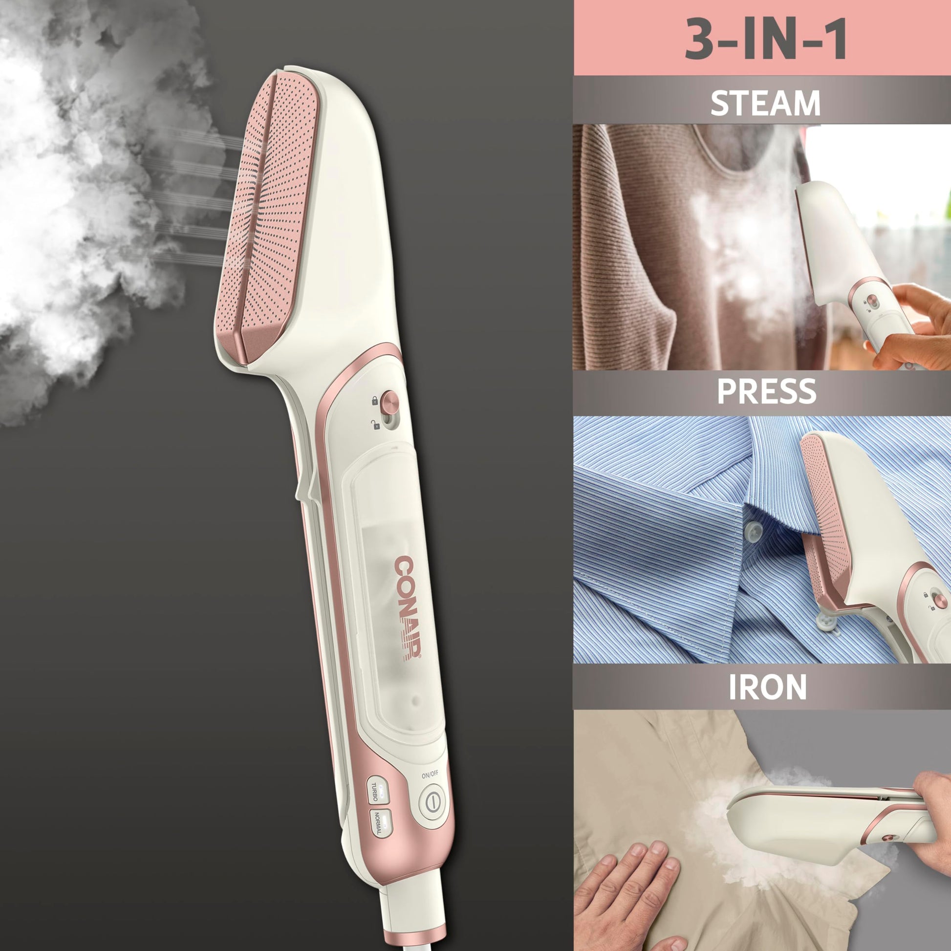 Conair Steam Stylist, plancha y vapor, ideal para el hogar, la oficina o los viajes, plancha de vapor 3 en 1 para una rápida eliminación de arrugas, arrugas y prensado de calidad para limpieza en
