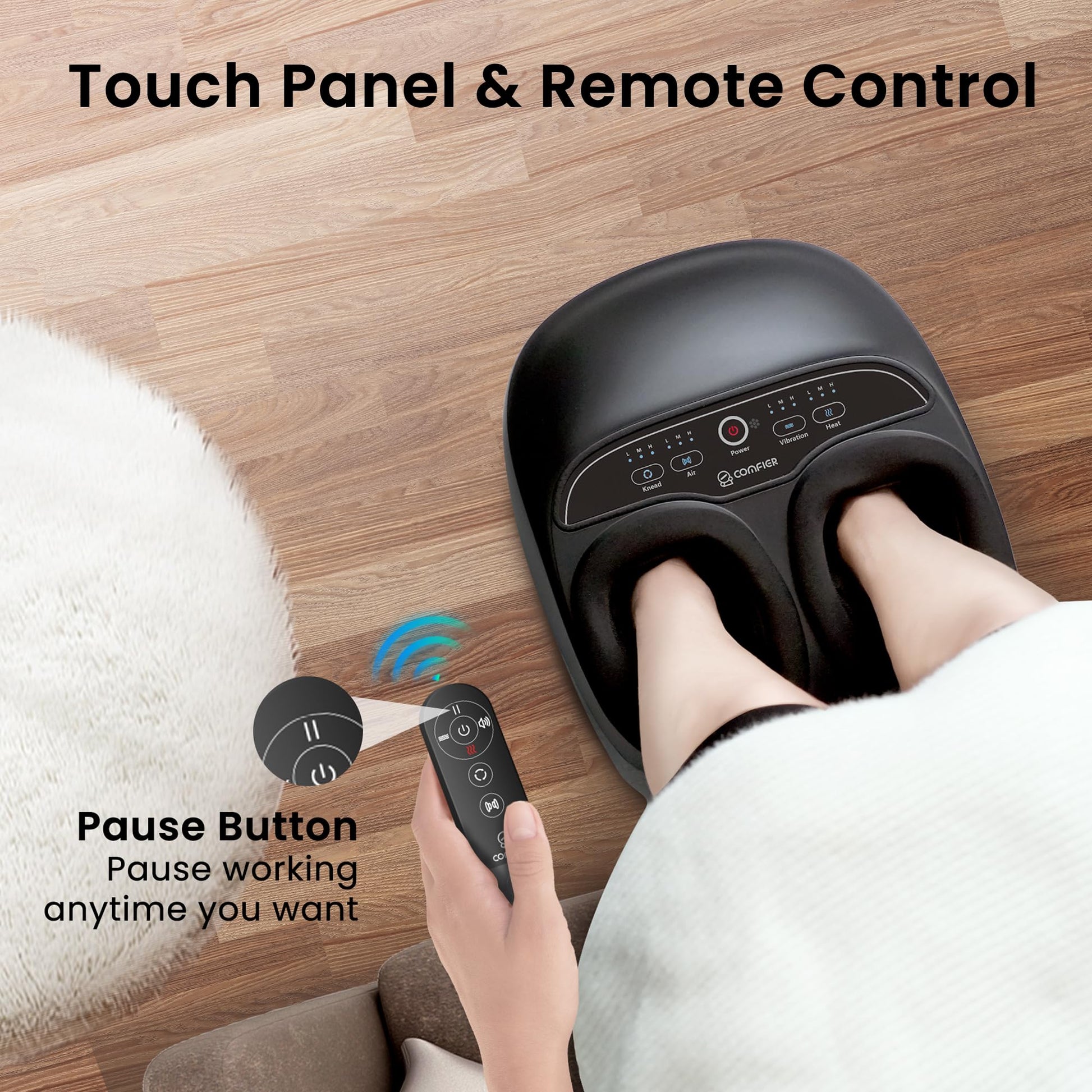 COMFIER Máquina Masajeadora De Pies Con Calor, Shiatsu, Kneading, Compresión, Ideal Para Neuropatía Y Fascitis Plantar, Control Remoto, Ajustes Personalizables, Función De Pausa, Negro