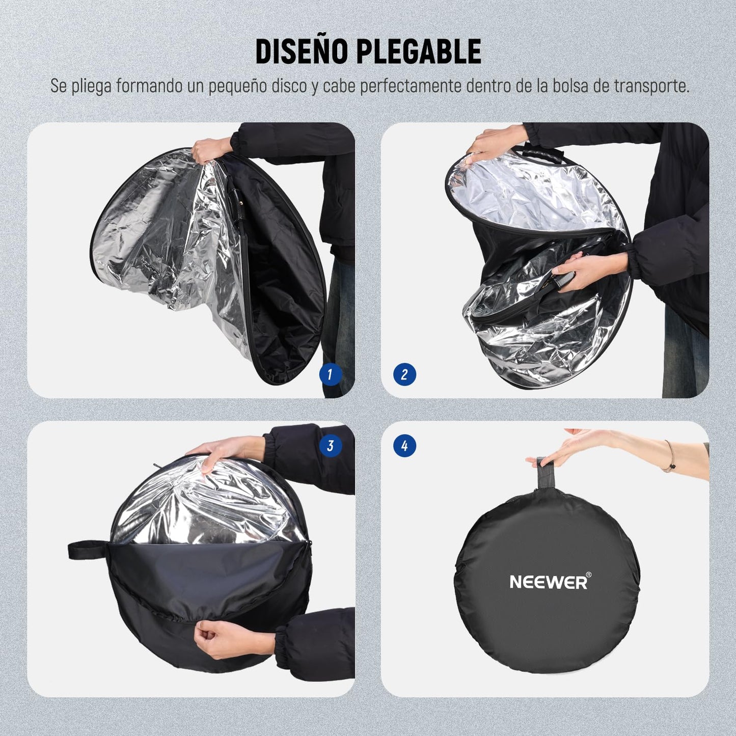 NEEWER 51"/130cm Reflector de Luz con Mango y Rosca de 3/8", Difusor de Luz de Disco Plegable 5 en 1 Translúcido/Plata/Oro/Blanco/Negro para Iluminación de Fotografía, Iluminación Exterior, RF-130II