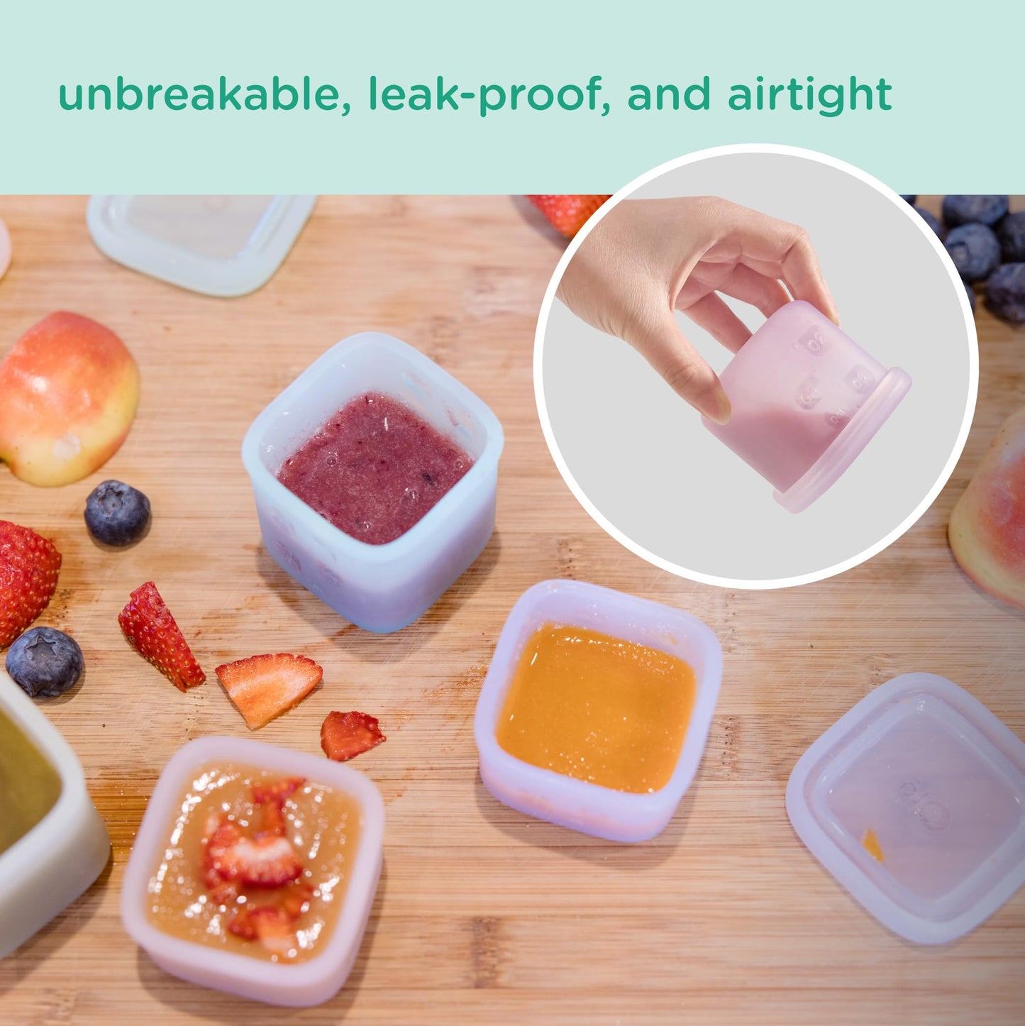 Olababy Clear Sense - Contenedores de almacenamiento de silicona, 4 unidades para alimentos de bebé, aperitivos, fórmula, puré, salsa y más, micro plástico y sin BPA, esenciales para la guardería para