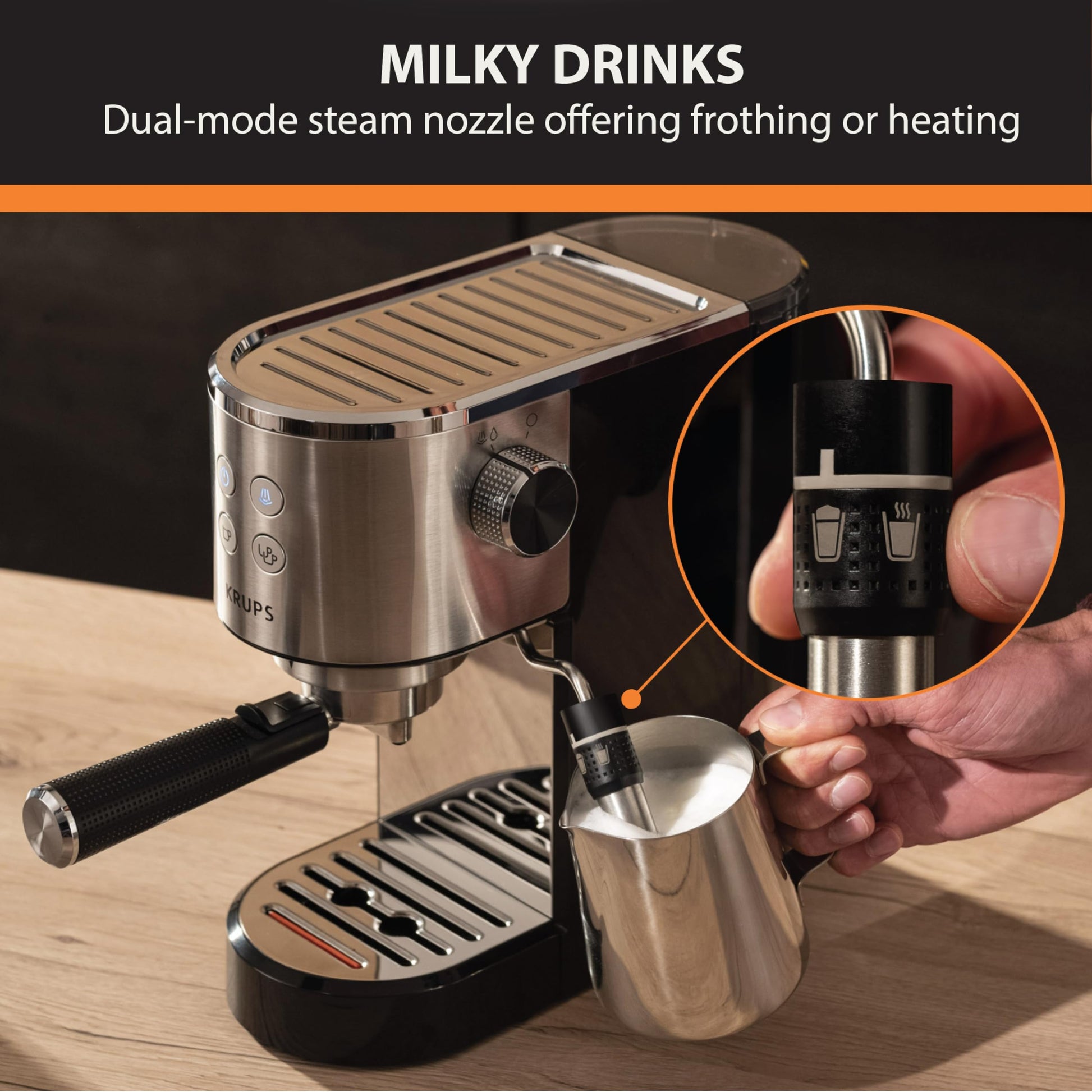 KRUPS Espressería Manual Divine Acero Inoxidable, boquilla de vapor, con sistema Thermoblock, compacta, moderna y fácil de usar, capacidad de 1 L, disfruta de un delicioso sabor a café, XP444C50