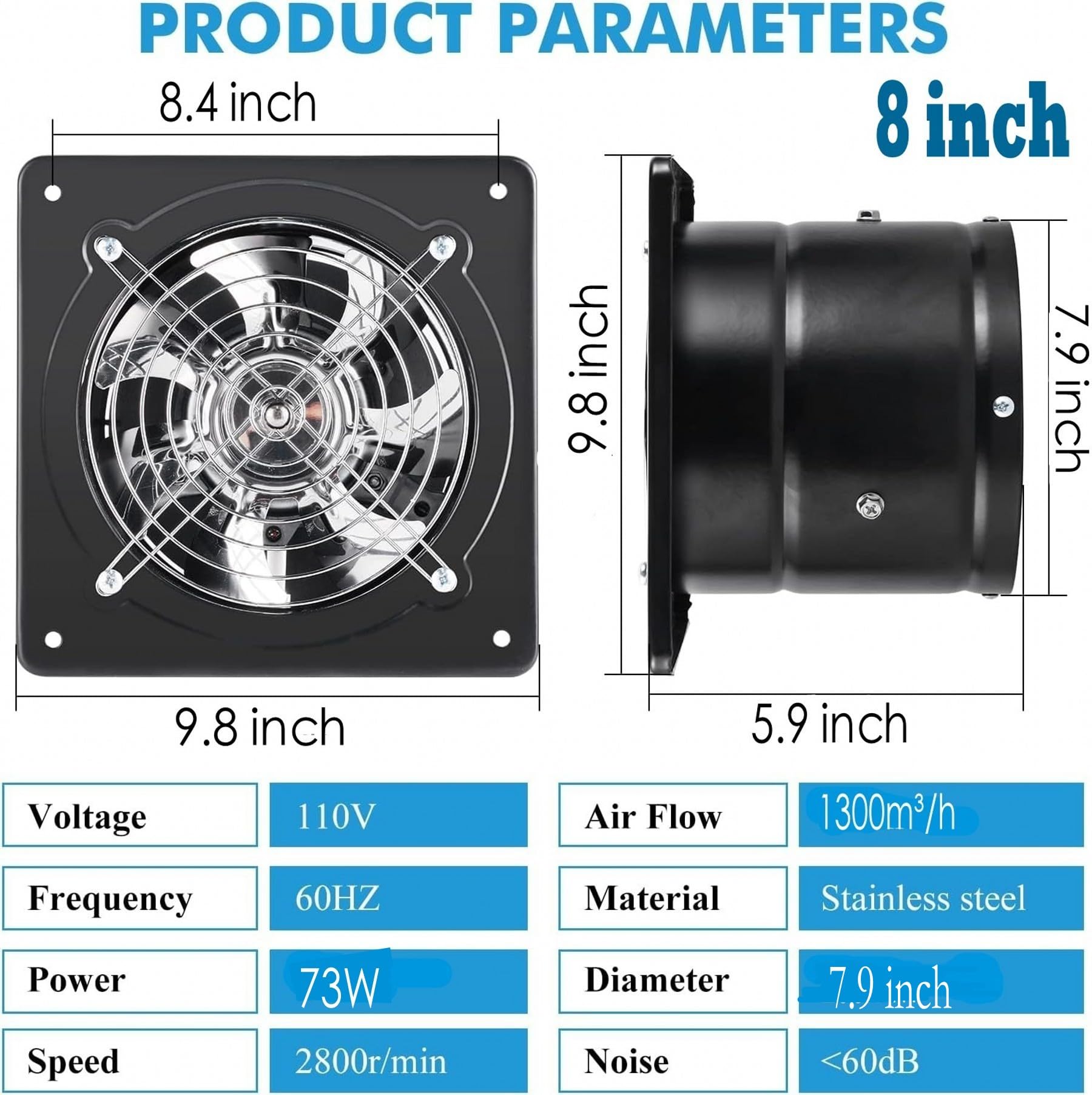 Aydomer - Ventilador de escape de 78 W para instalación a través de la pared, ventilador de escape de 110 V con enchufe, ventilador de humo de escape de 8 pulgadas con motor de cobre puro ligero para