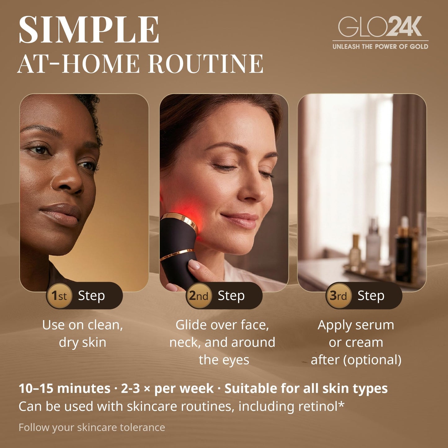 GLO24K - Dispositivo de belleza para rejuvenecimiento de la piel, basado en LED de triple acción, térmica, tecnologías de vibración. Tratamiento antiedad SPA en casa.