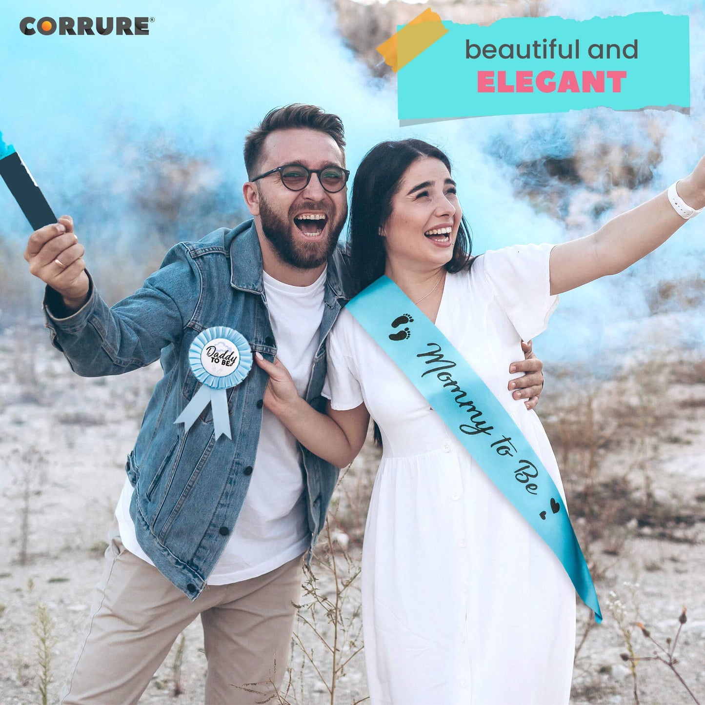 CORRURE Faja de ducha y botón Pin para niño – "Mommy to Be" y "Daddy to Be" Pin con hermosa cinta azul y texto negro con purpurina – Regalo ideal para mamá y papá para revelar el género/baby shower