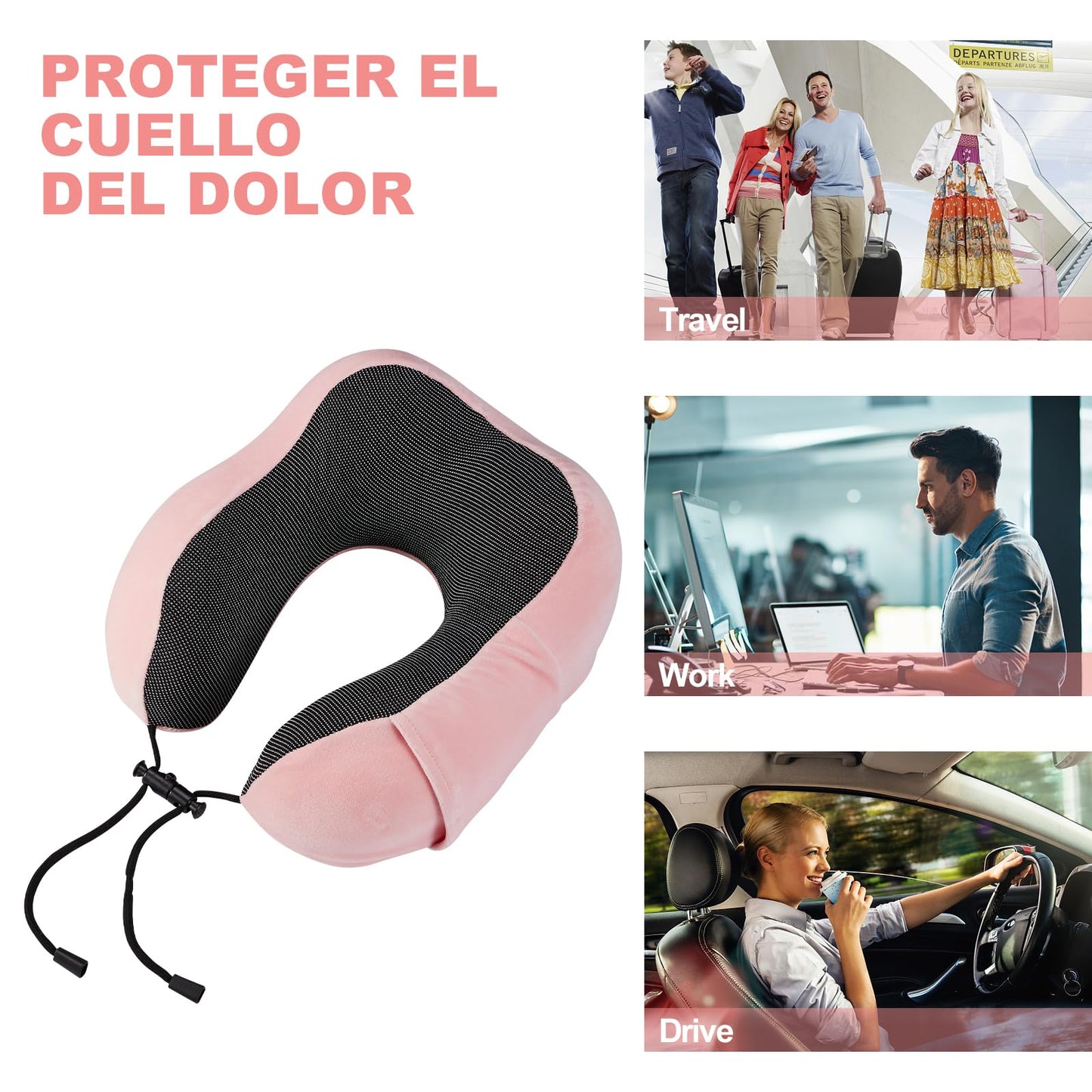 Almohada de Viaje, Almohada de Cuello Viscoelástica de Espuma de Memoria con Máscara de Ojos, Tapones para los oídos y Nariz, y Bolsa con Cordón, Soporte de Cuello para Avión, Oficina y el Hogar(Rosa)
