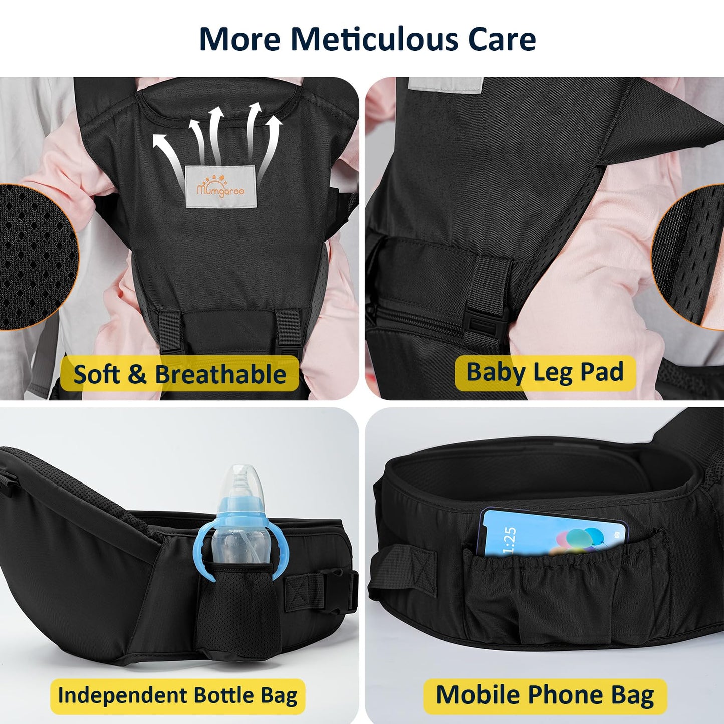 Mumgaroo - Portabebés 6 en 1 con asiento de cadera, ergonómico y suave (negro)