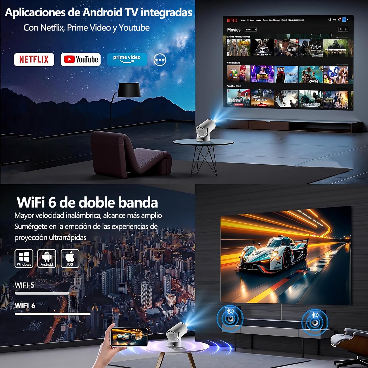 2025 Mini Proyector Portátil 4K/1080P,Proyector con 8000 Aplicaciones, Android 12 Soporte Multilenguaje Sistema,Pantalla de 130 Pulgadas,WiFi 6 Bluetooth 5.3, Giro de 180 Grados (2025 HY 300 Pro)