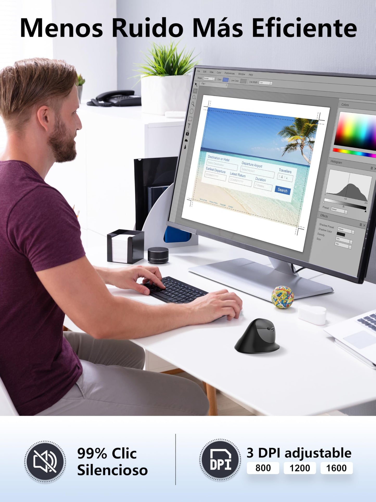 Ratón Vertical Bluetooth 5.2 Minielec Negro Ergonomía Recargable USB C 2.4Ghz 3 Niveles dpi
