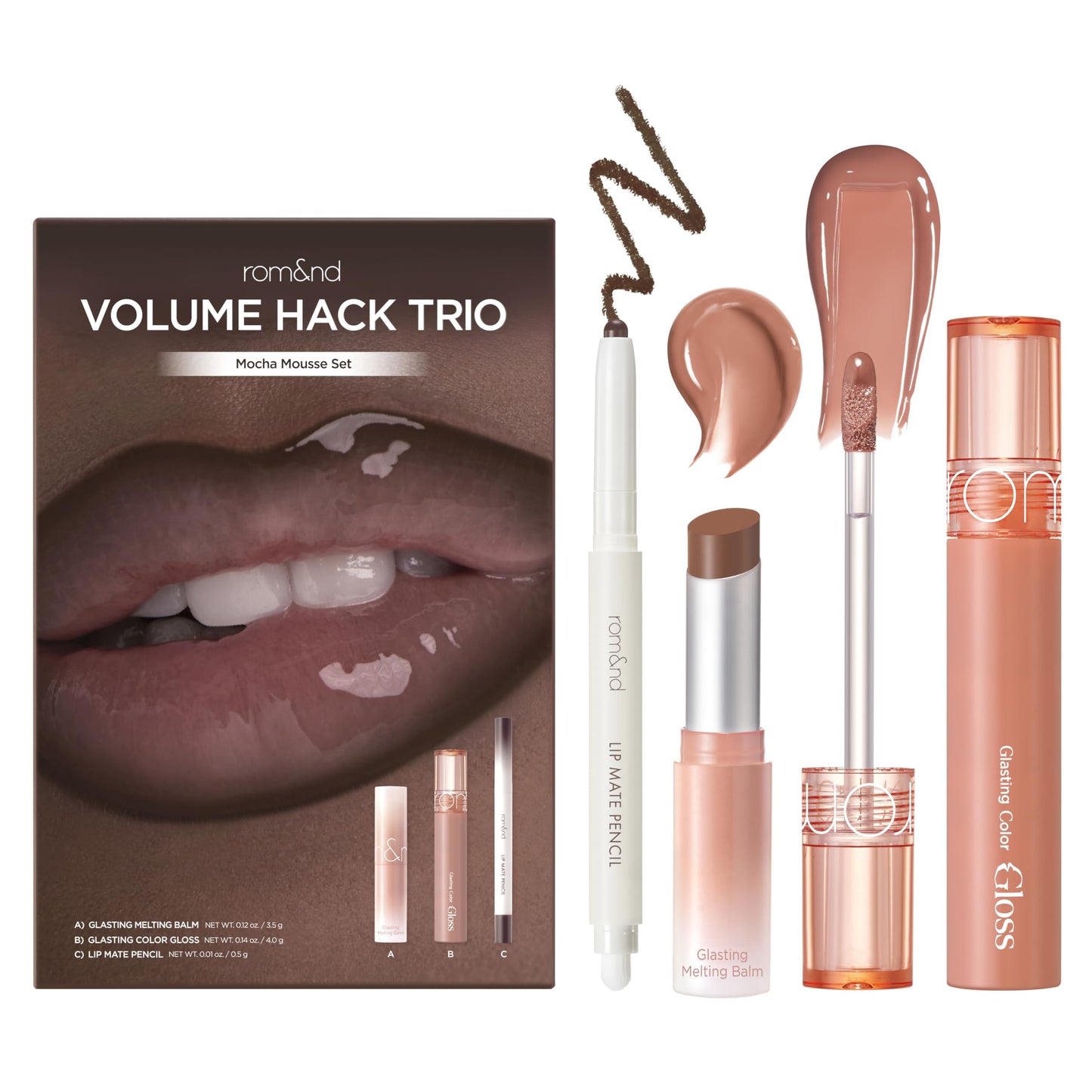rom&nd Set de labios Volume Hack Trio Mocha Mousse | Brillo voluminizador, bálsamo hidratante y delineador suave de K-Beauty | Consigue labios definidos y brillantes para looks virales.