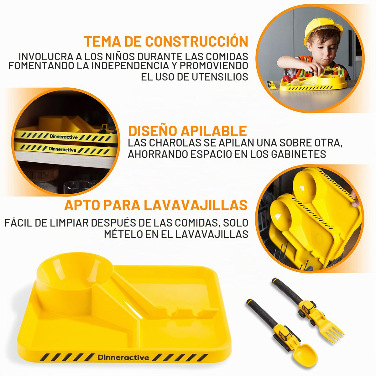 Dinneractive Juego de comedor para niños, vajilla temática de construcción de 3 piezas, utensilios de tractor, platos para bebés