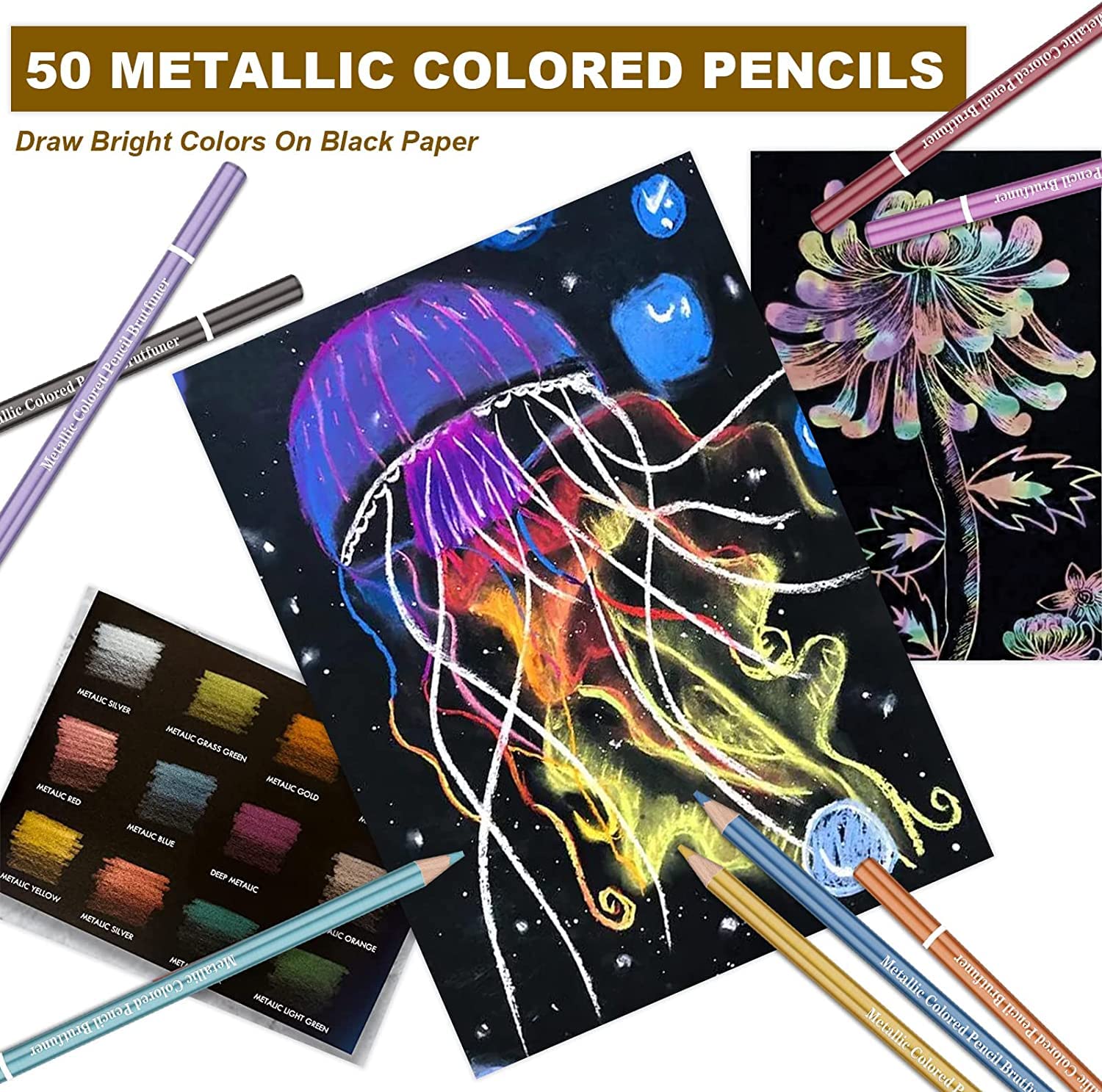 Lapices de Colores Metálico Profesional, 50 Lápices de Colores para Colorear Dibujo Esbozos, Núcleo blando, Numerados, uego de Lápices Para Colorear Para Artistas