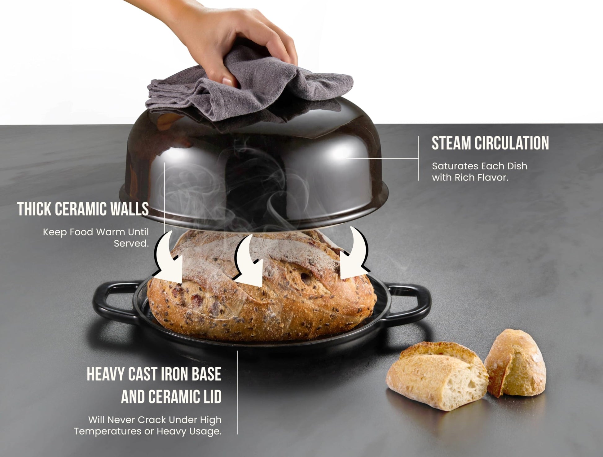 Kook - Horno de pan con tapa y asas, sartén de hierro fundido esmaltado y tapa de cerámica, para hornear, cocinar, asar, color negro