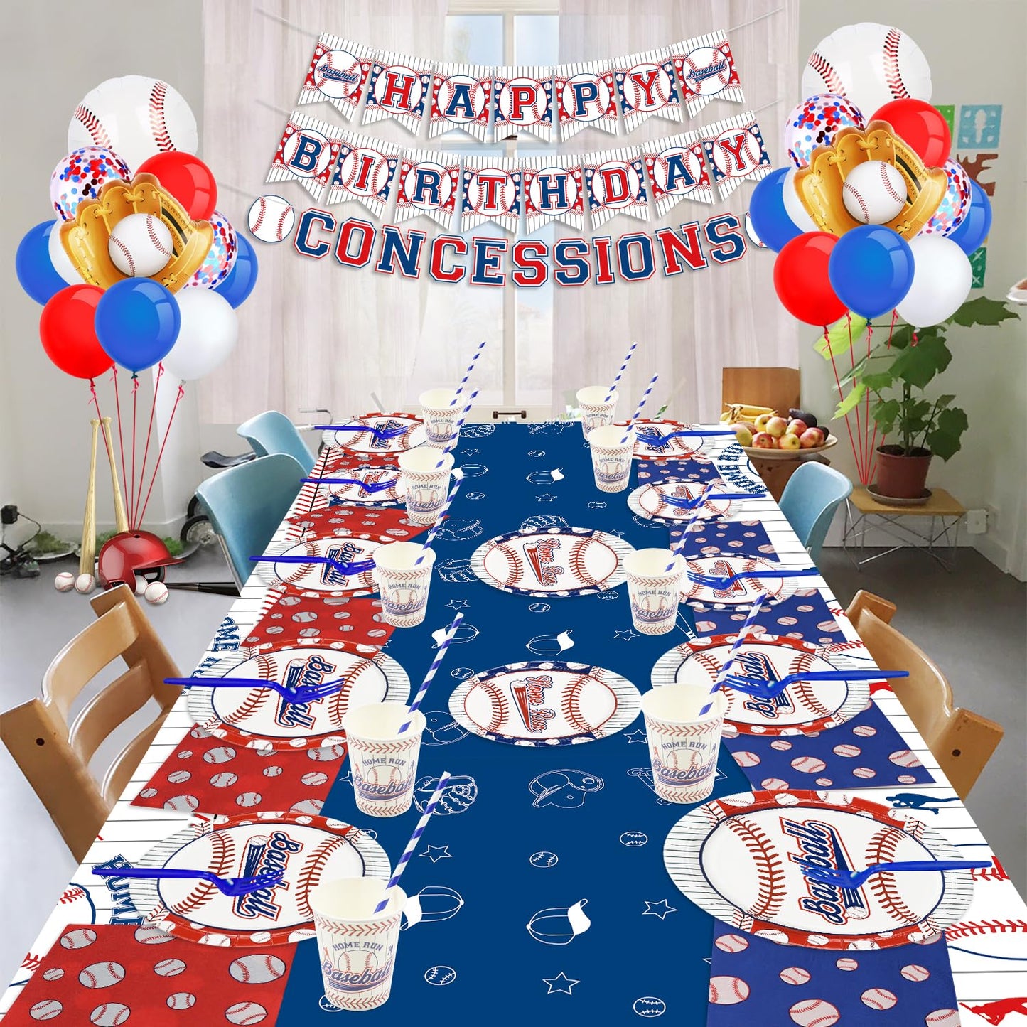 Decoraciones para fiestas de béisbol, 81 juegos de platos y servilletas de béisbol, mantel, tenedores azules para fanáticos de los deportes, suministros para fiestas de cumpleaños para niños y