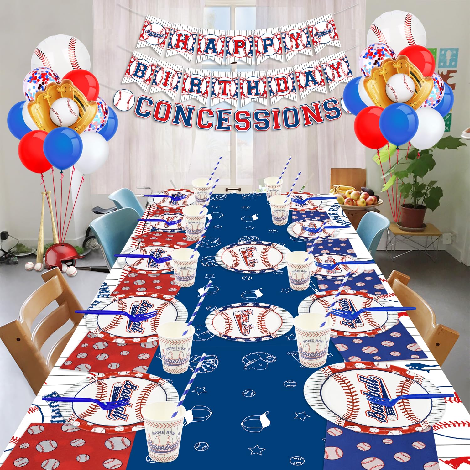 Decoraciones para fiestas de béisbol, 81 juegos de platos y servilletas de béisbol, mantel, tenedores azules para fanáticos de los deportes, suministros para fiestas de cumpleaños para niños y
