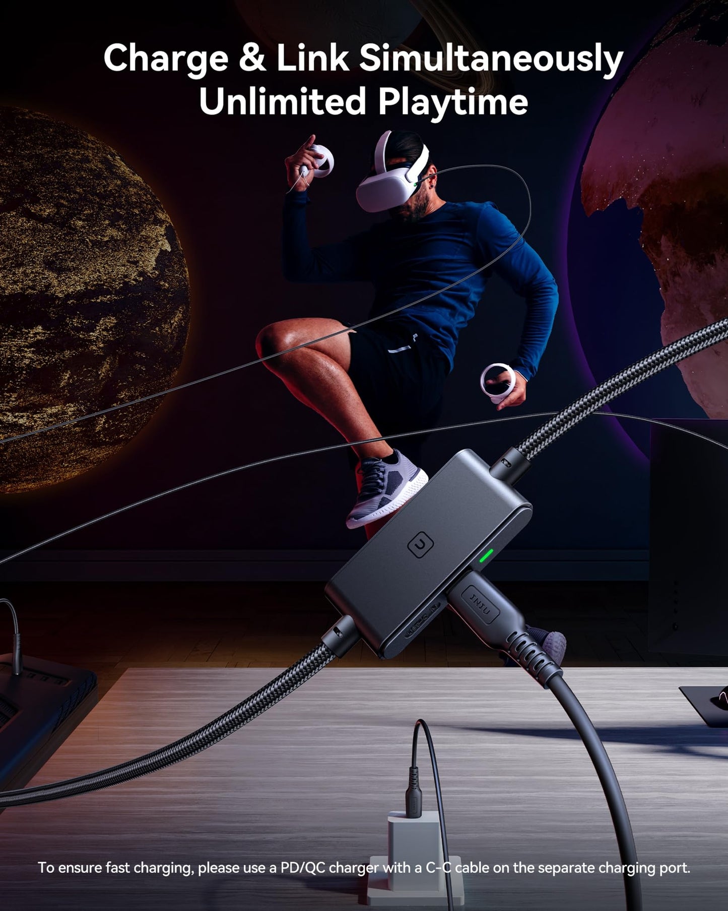 INIU - Cable de enlace de 16 pies compatible con Meta Oculus Quest 2 Pico accesorios y juegos de PC Steam VR, cable de transferencia de datos USB 3.0 tipo C, puerto de carga USB C separado para auriculares VR