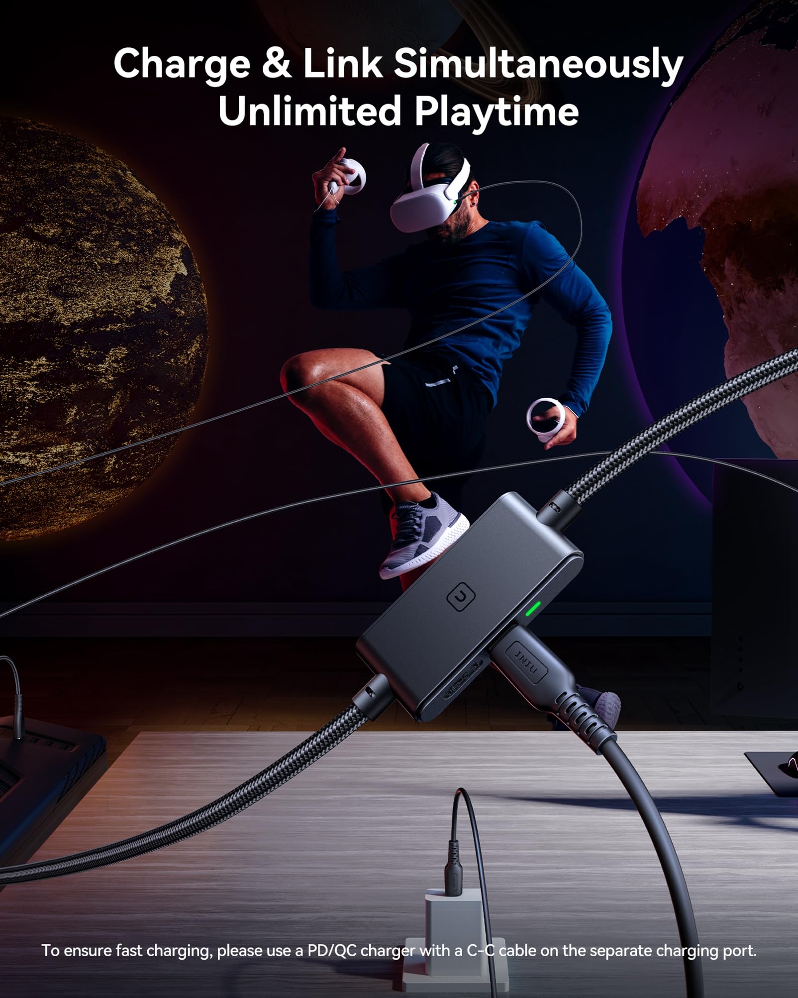 INIU - Cable de enlace de 16 pies compatible con Meta Oculus Quest 2 Pico accesorios y juegos de PC Steam VR, cable de transferencia de datos USB 3.0 tipo C, puerto de carga USB C separado para auriculares VR